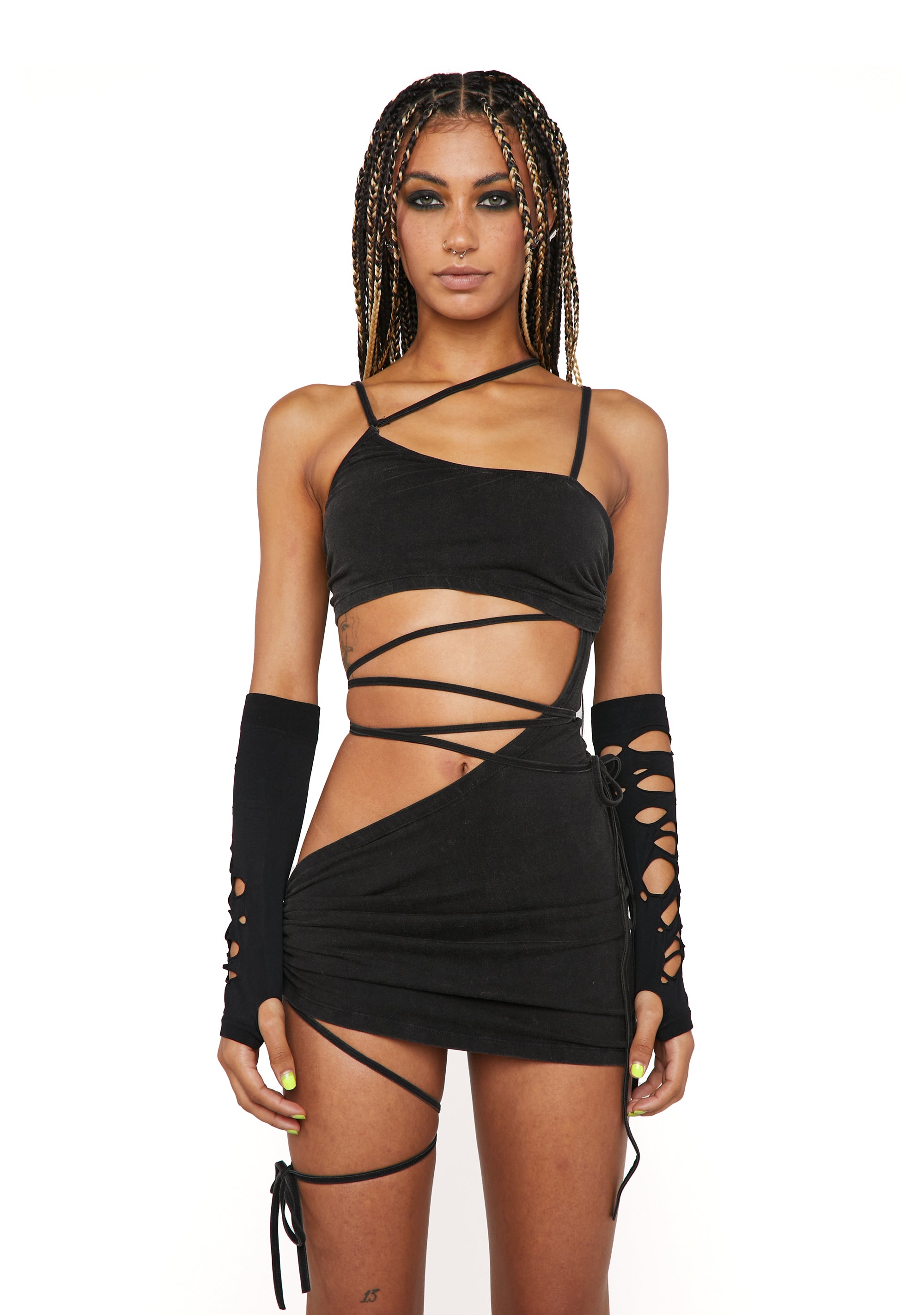 Darker Wavs Strappy Cut Out Wrap Mini Dress - Black Darker Wavs Strappy Cut Out Wrap Mini Dress - Black