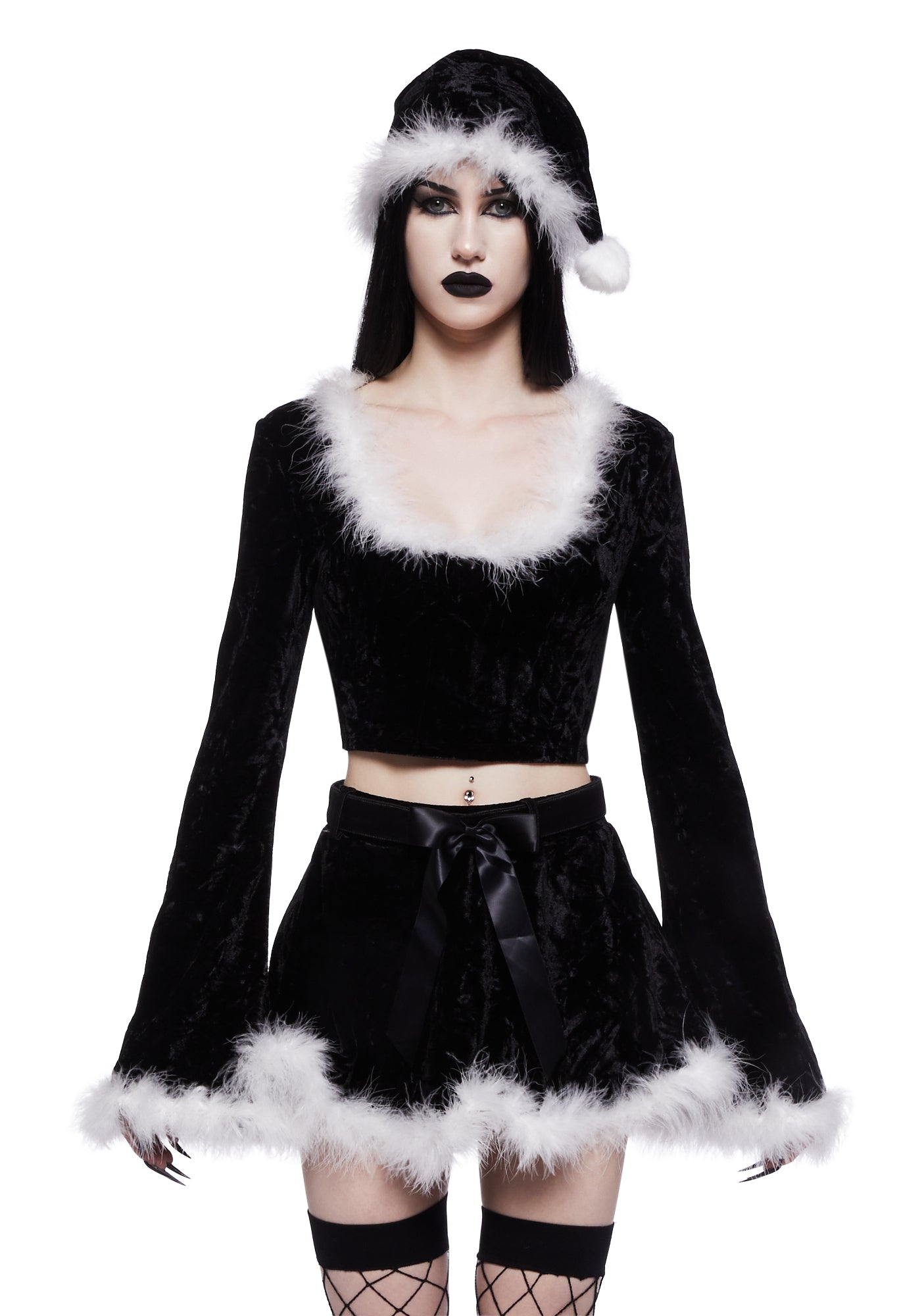 Trickz N' Treatz Santa Crop Top Mini Skirt Costume Set - Black