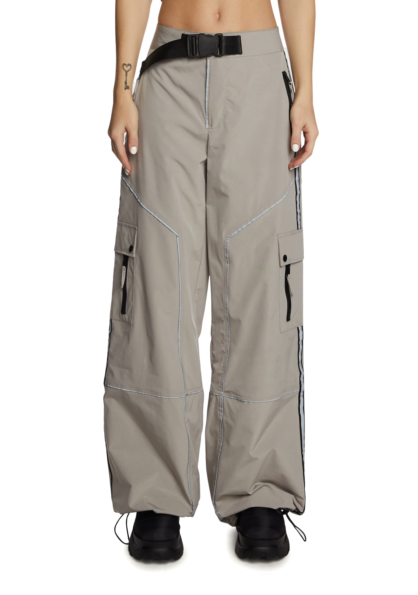 Poster Grl Wide Leg Reflective Trim Parachute Pants - Gray