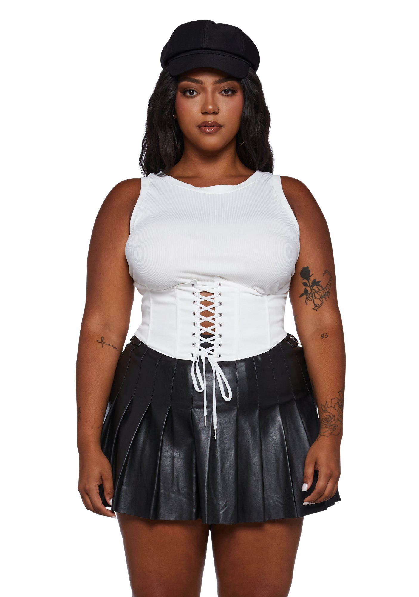 Plus Size Poster Grl Ribbed Lace-Up Corset Crop Tank Top - White