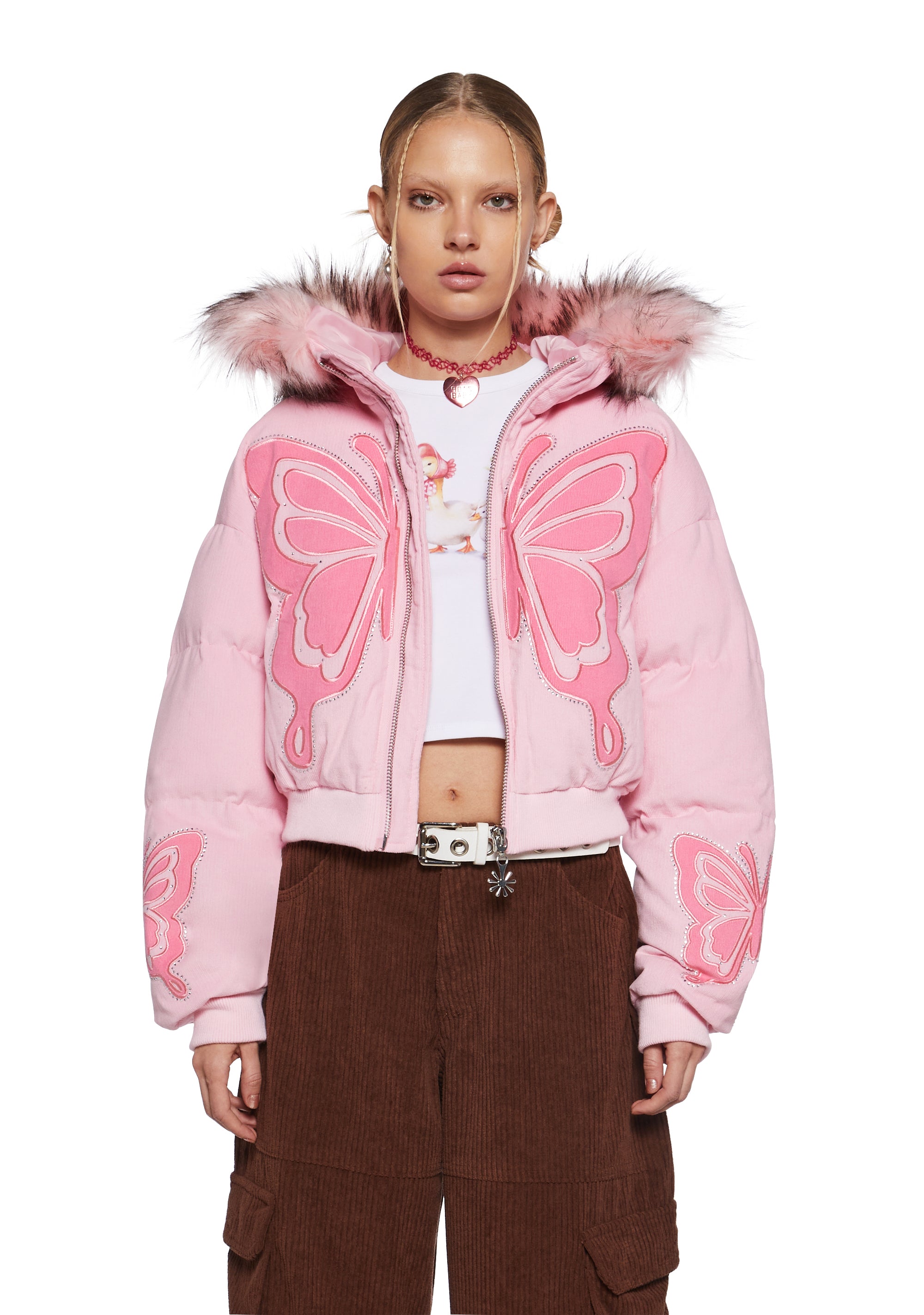 dELiA*s by Dolls Kill Corduroy Butterfly Puffer Jacket Light Pink
