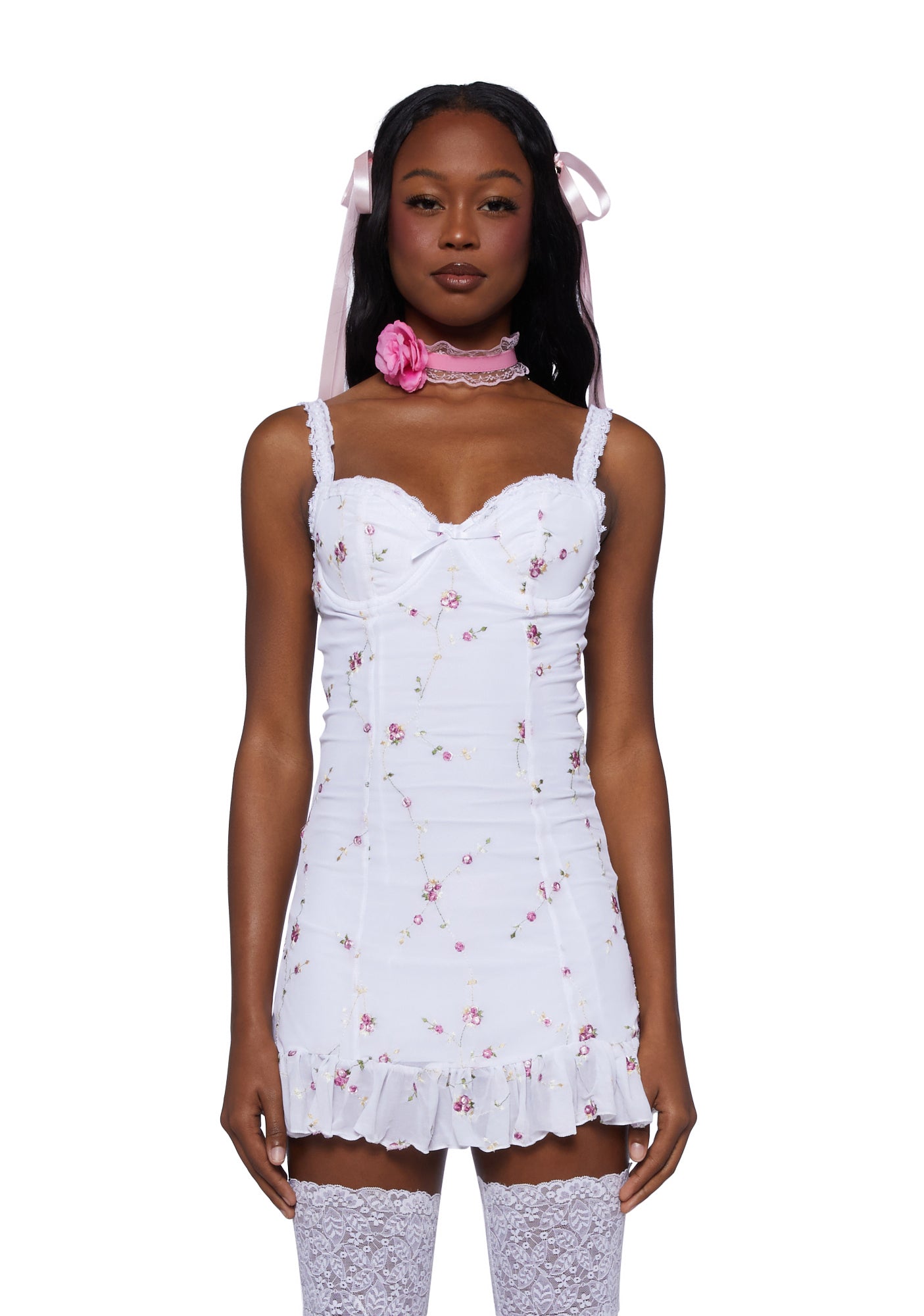 Sugar Thrillz Embroidered Floral Mesh Slip Dress - White
