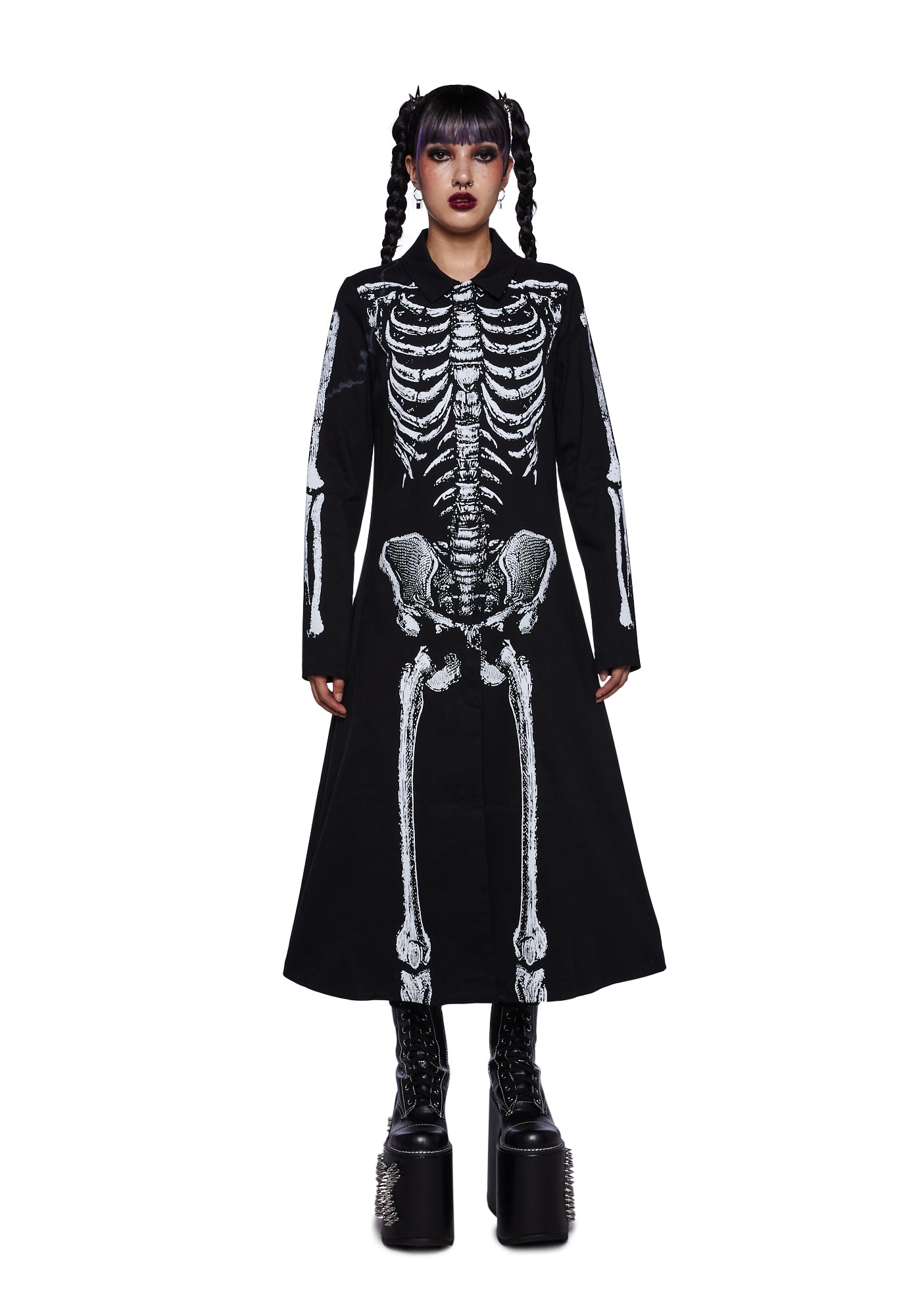 Trickz N Treatz Skeleton Print Trench Coat - Black/White
