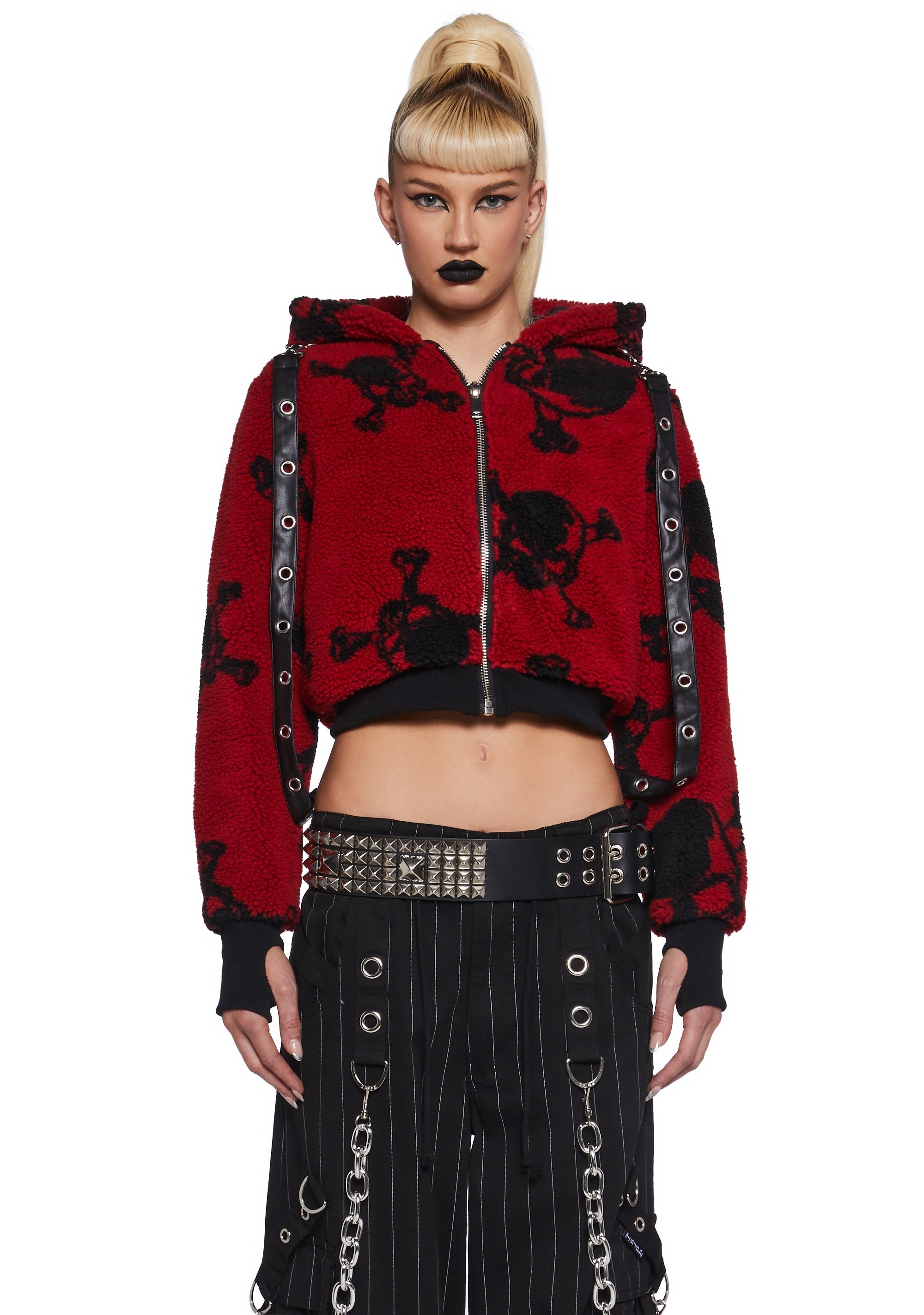 Widow Faux Shearling Skull And Crossbones Bomber Cropped Hooded