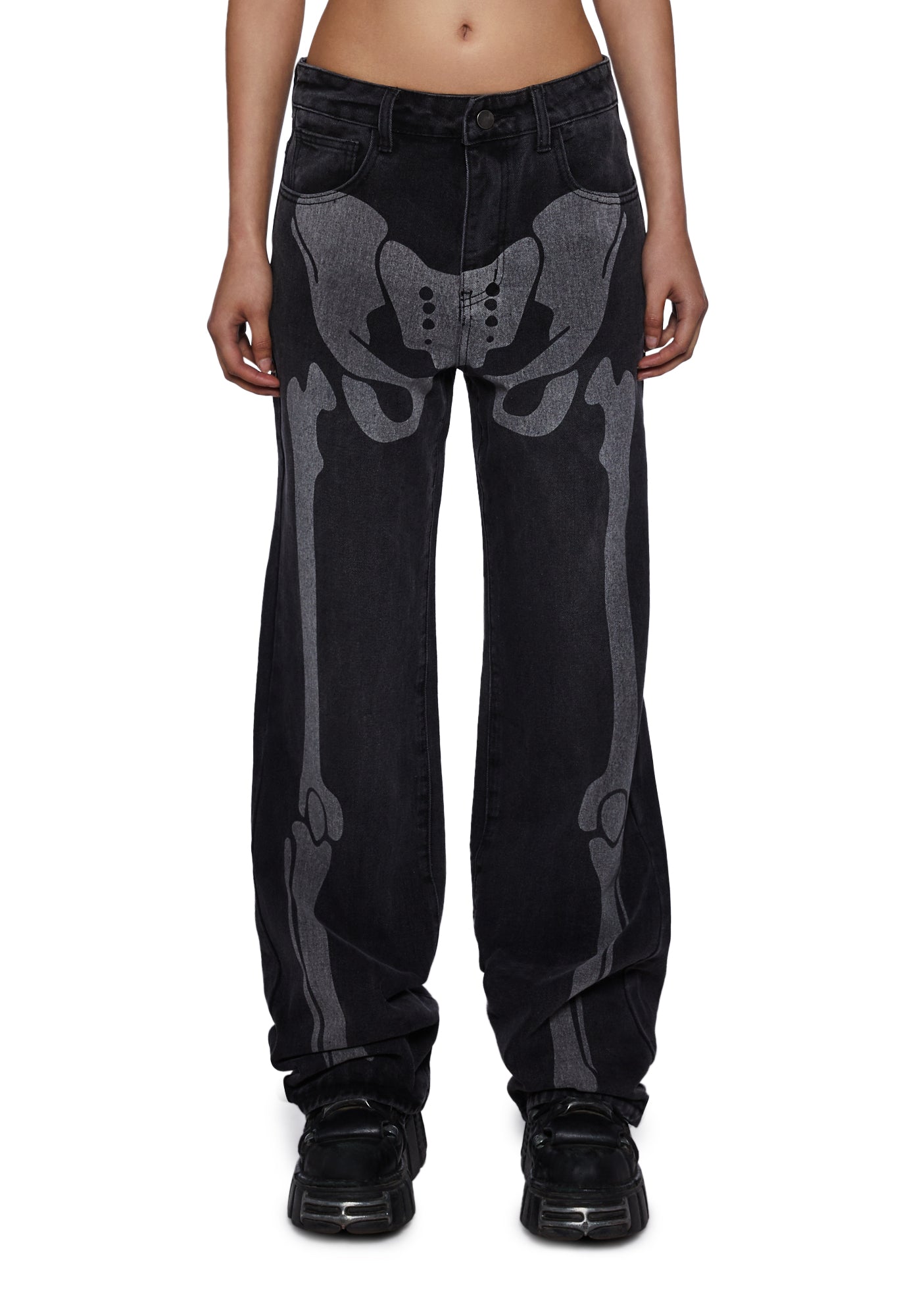 Trickz N Treatz Skeleton Print Baggy Denim Jeans - Washed Black