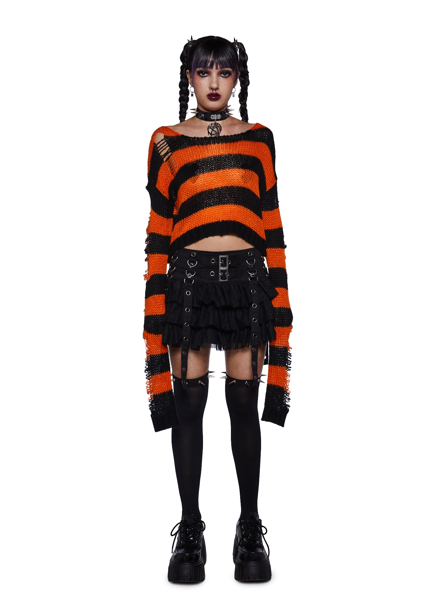 Trickz N Treatz Striped Distressed Cropped Sweater - Black/Orange