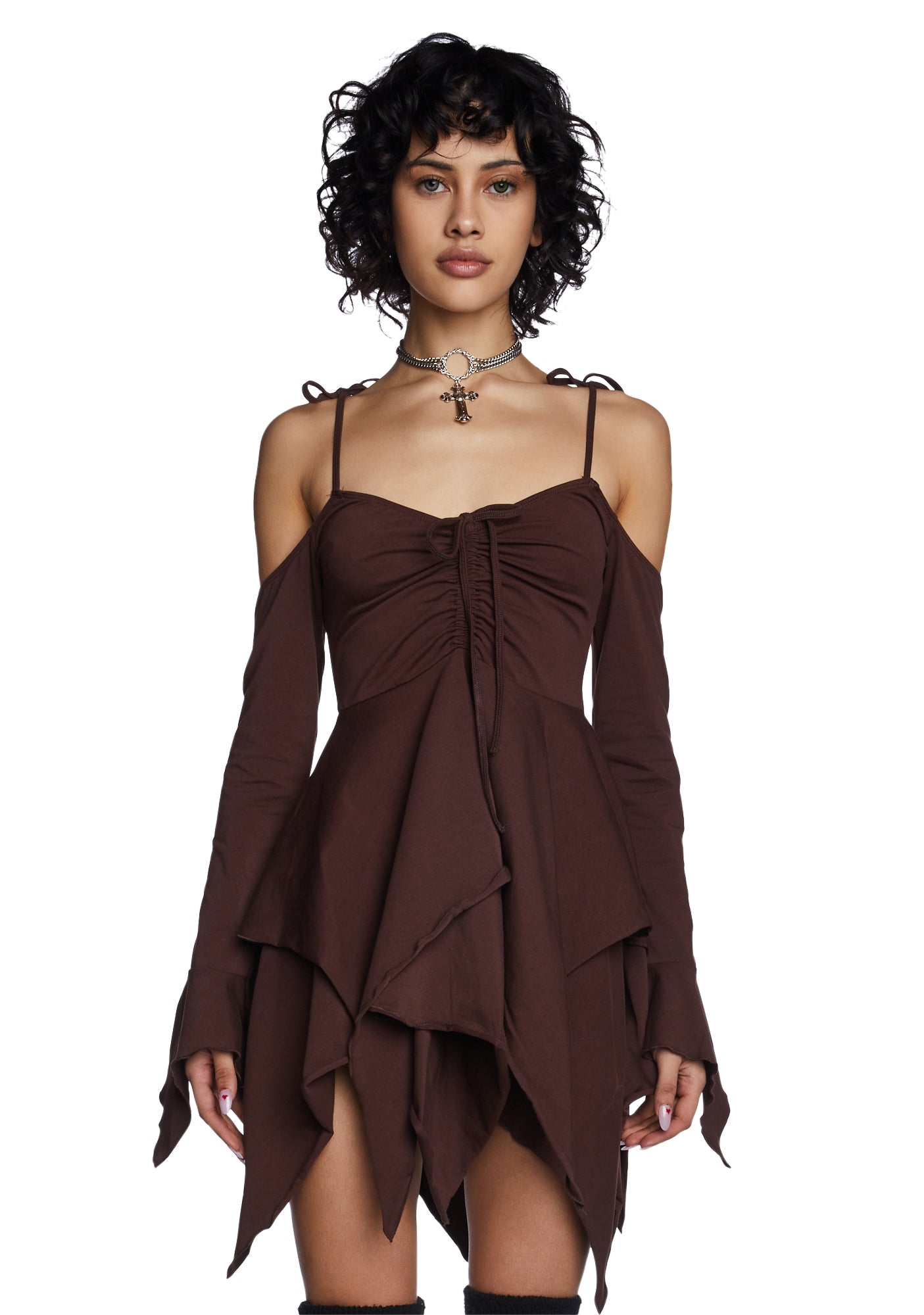 Current Mood Off The Shoulder Handkerchief Mini Dress - Brown