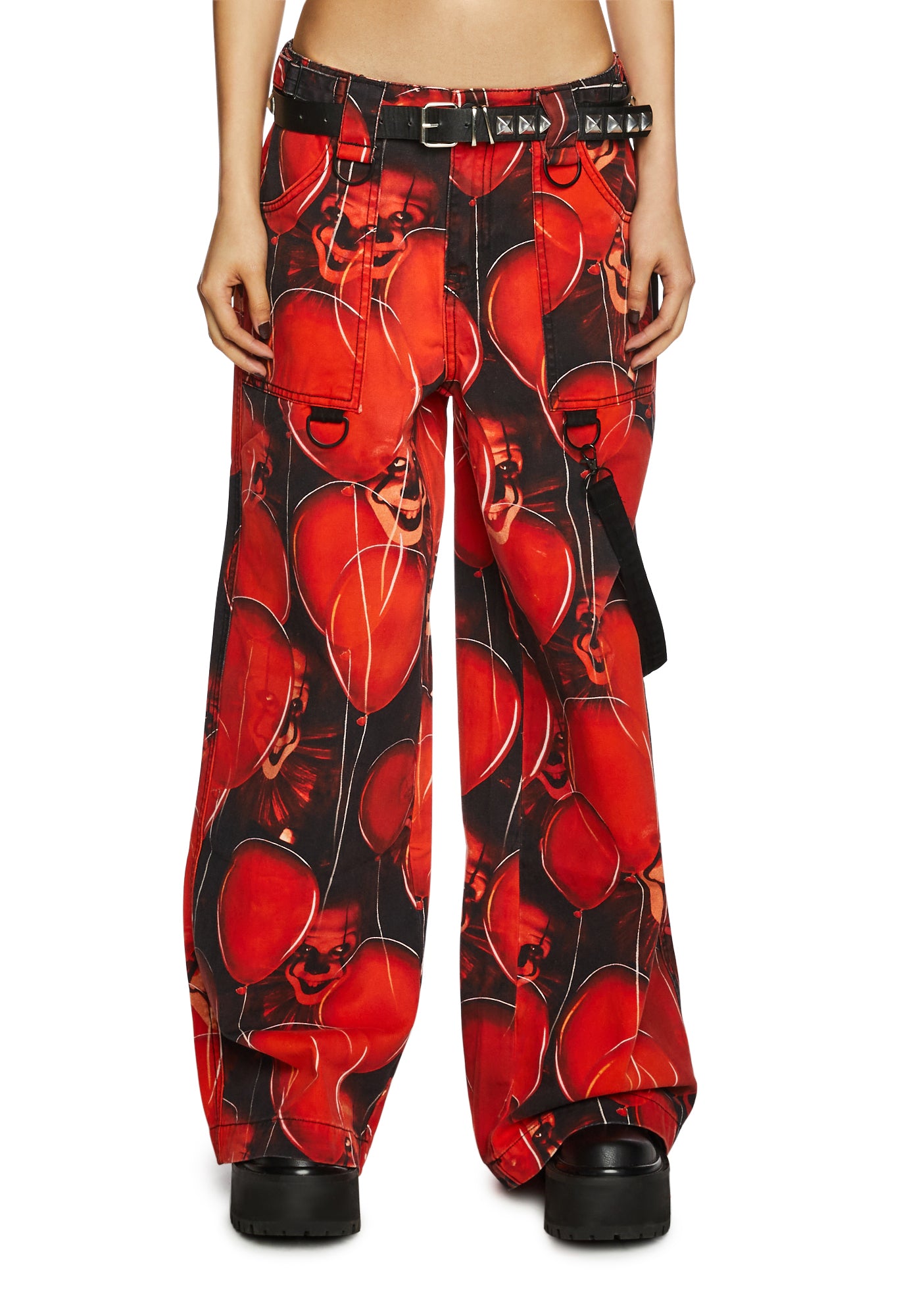 Dolls Kill x WB Horror Pennywise Balloon Print Twill Baggy Pants - Red/Black
