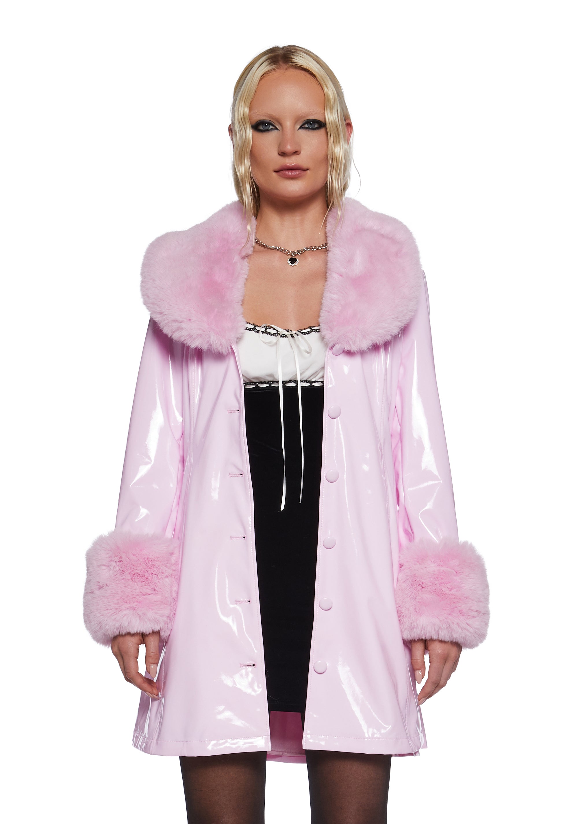 Sugar Thrillz Patent Vegan Leather Faux Fur Jacket Light Pink Dolls Kill