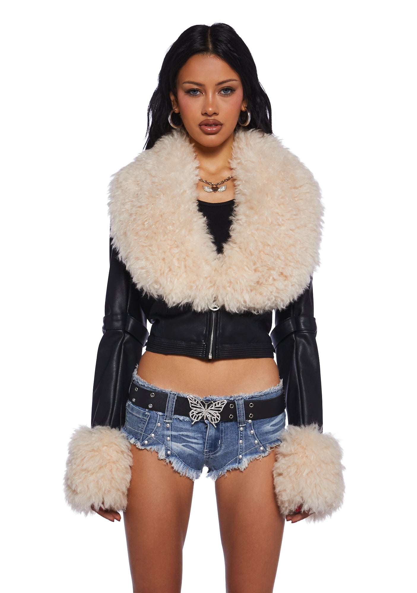 Generation Kiss Faux Fur Trim Vegan Leather Buckle Crop Jacket Black Dolls Kill