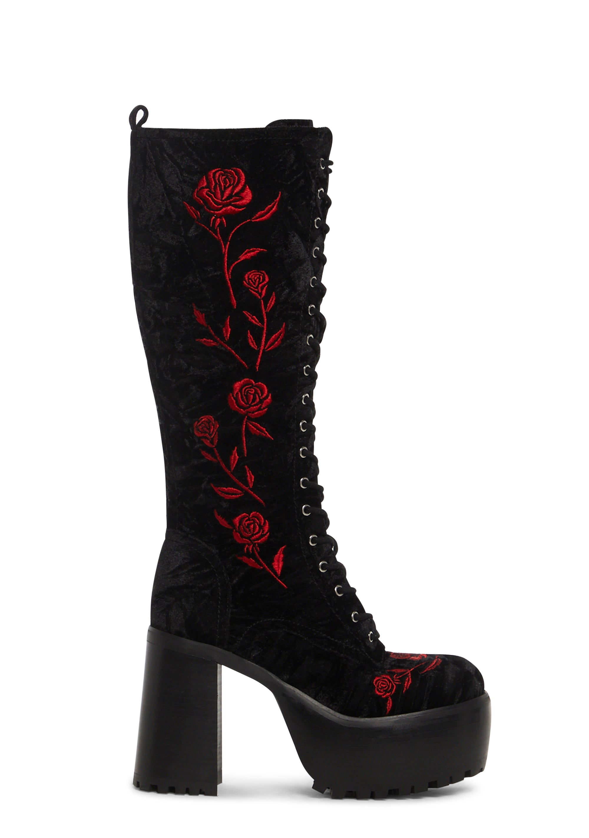Current Mood Velvet Knee High Rose Heel Combat Boots Black