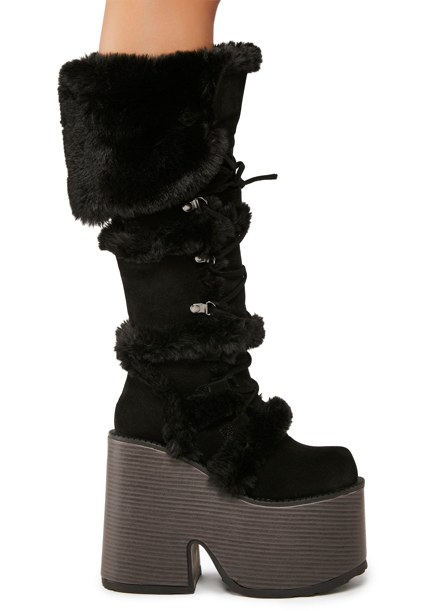 Demonia x Dolls Kill Eskimo-305 Faux Fur Knee High Platform Boots
