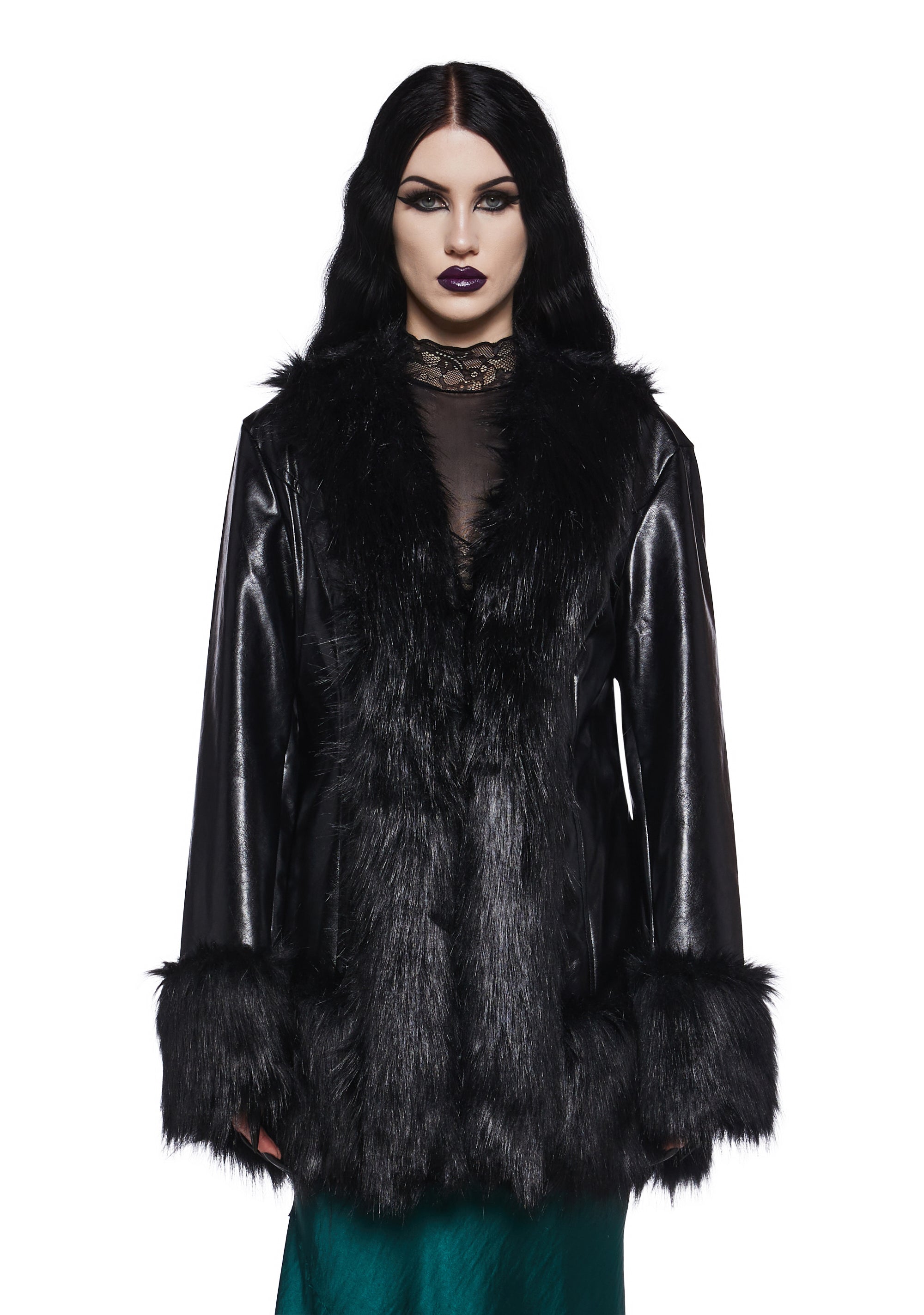 Zaida Black Vegan Fur Trim Black Vegan Leather Coat | Miss