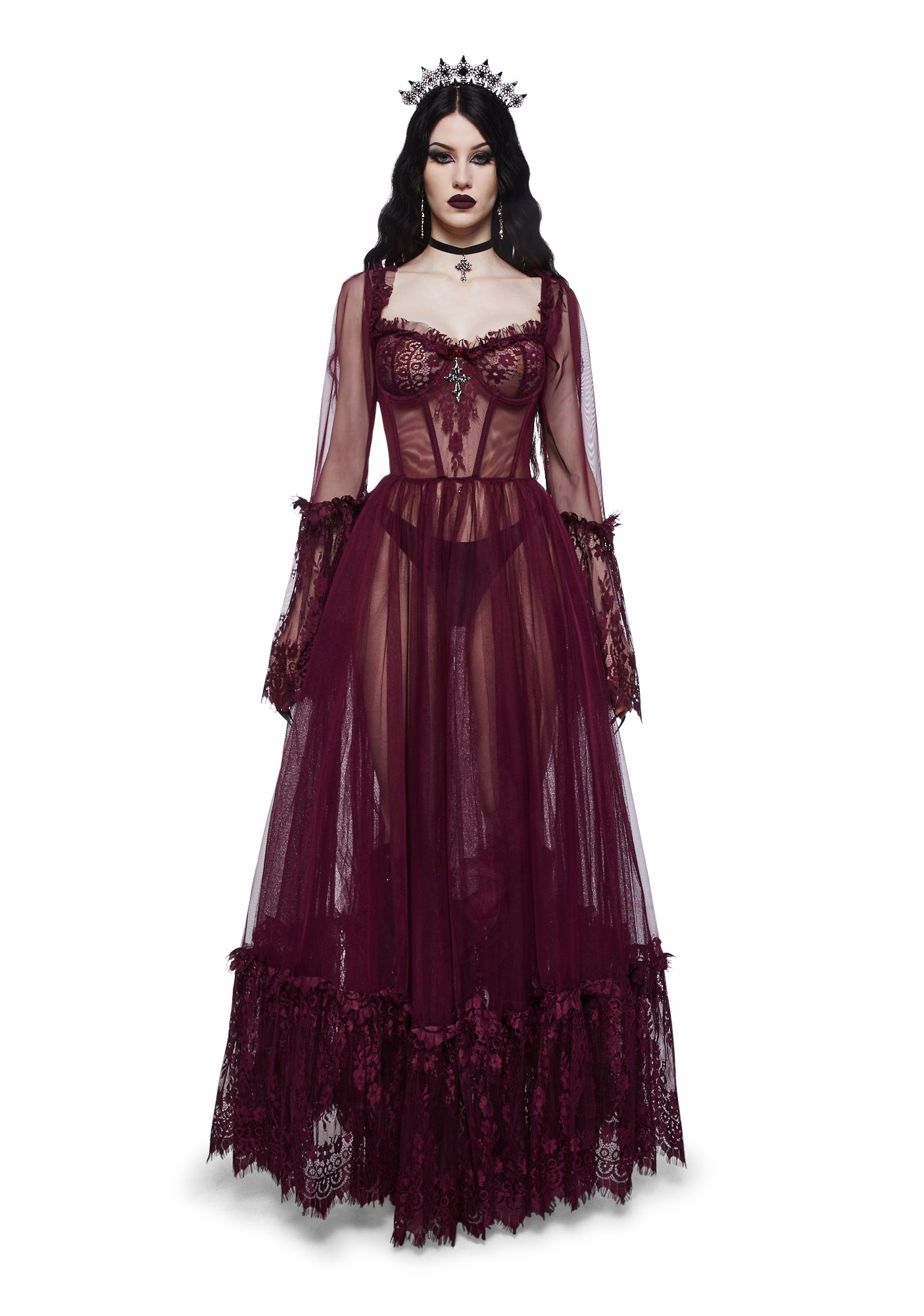 Widow Gothic Lace Bustier Long Sleeve Maxi Gown - Dark Red