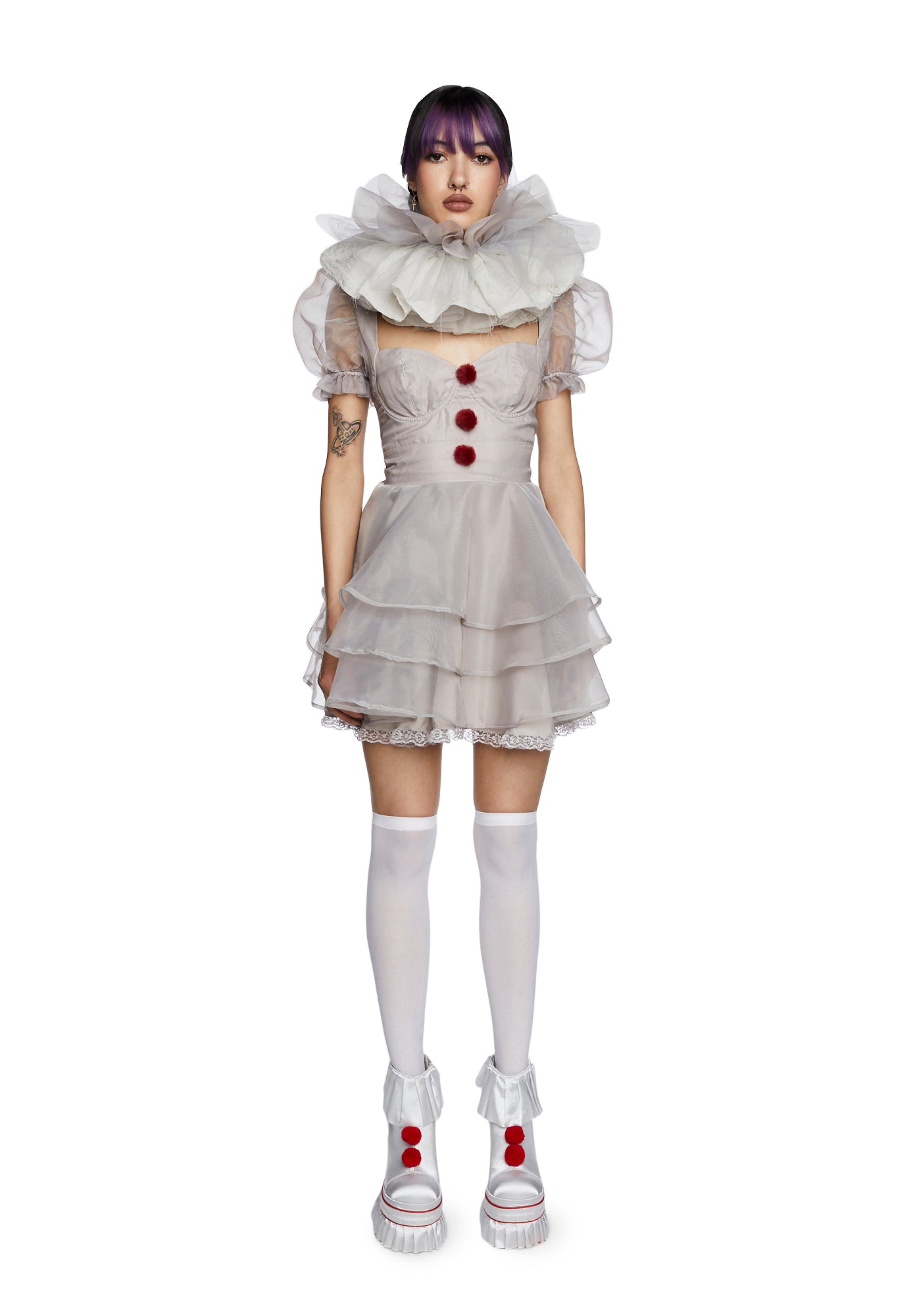 Dolls Kill x WB Horror Pennywise Organza Ruffle Babydoll Dress - Gray