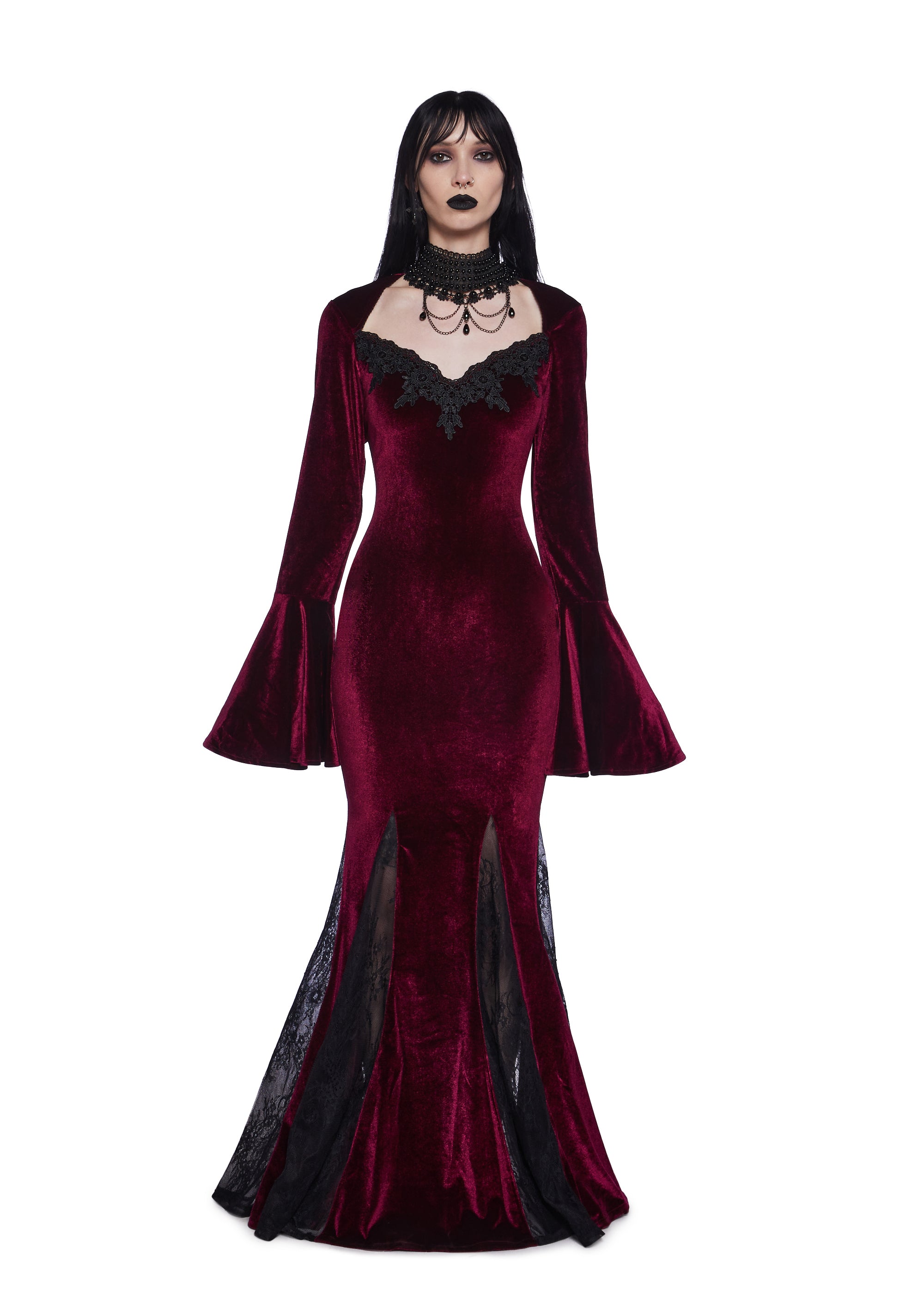 widow dress to impress Widow Velour Lace Trim Maxi Dress