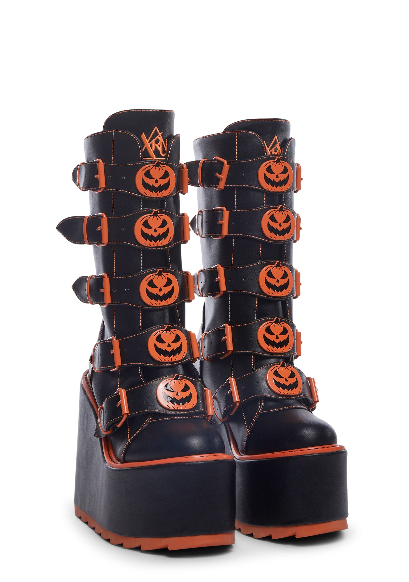 YRU Jack O Lantern Platform Buckle Boots Black Orange Dolls Kill