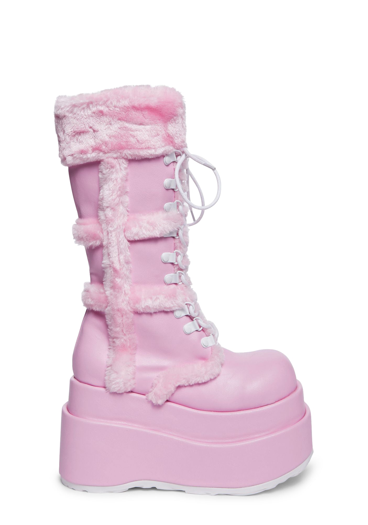 Demonia Faux Fur Trim Platform Boots - Pink Vegan Leather