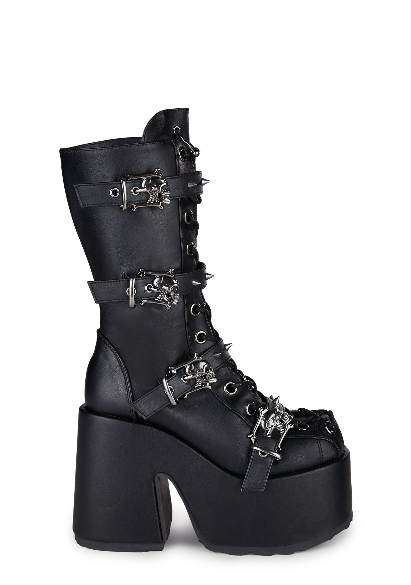 Demonia Skull Buckle Platform Boots - Black Vegan Leather