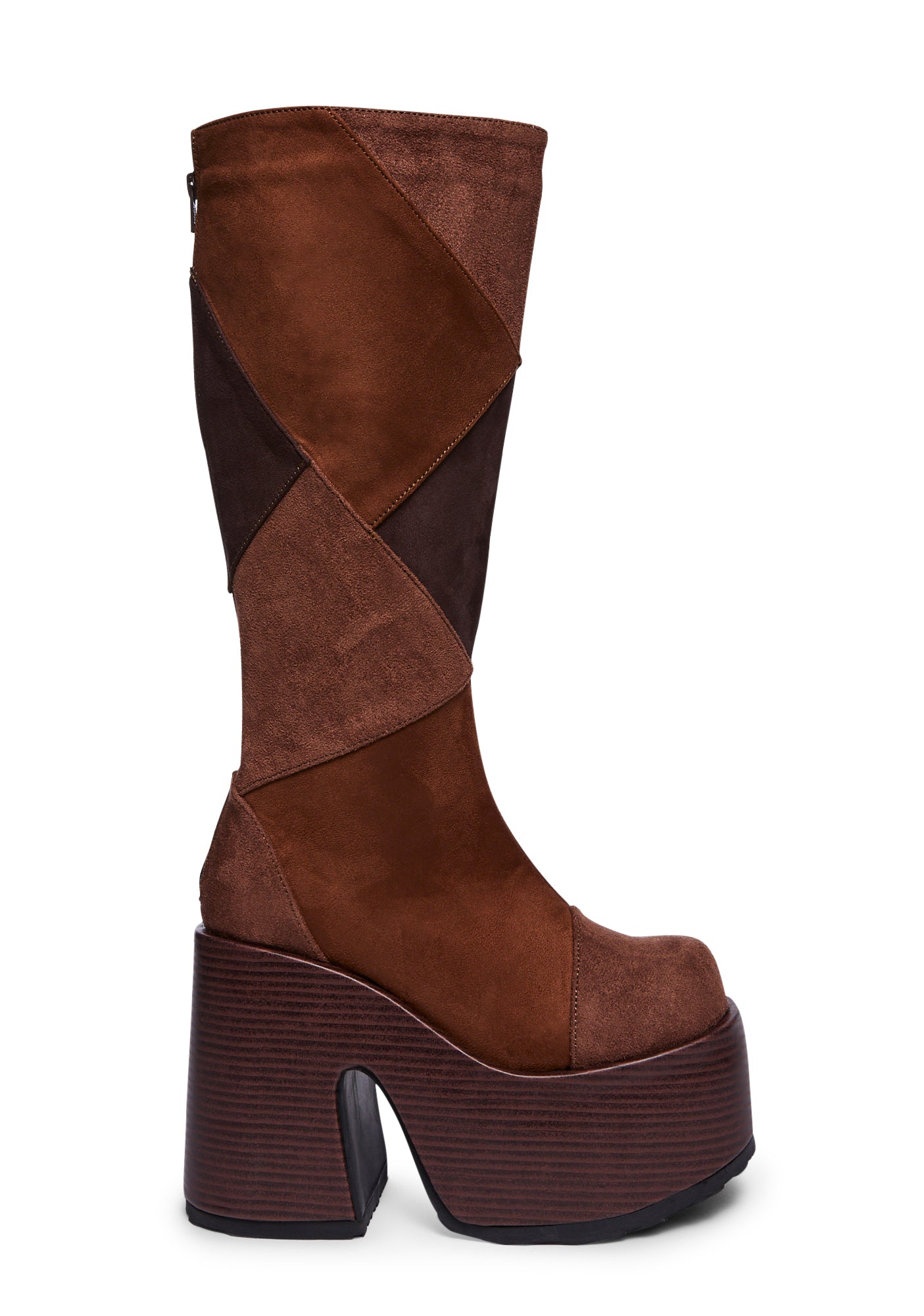 Demonia Patchwork Knee High Platform Boots Brown
