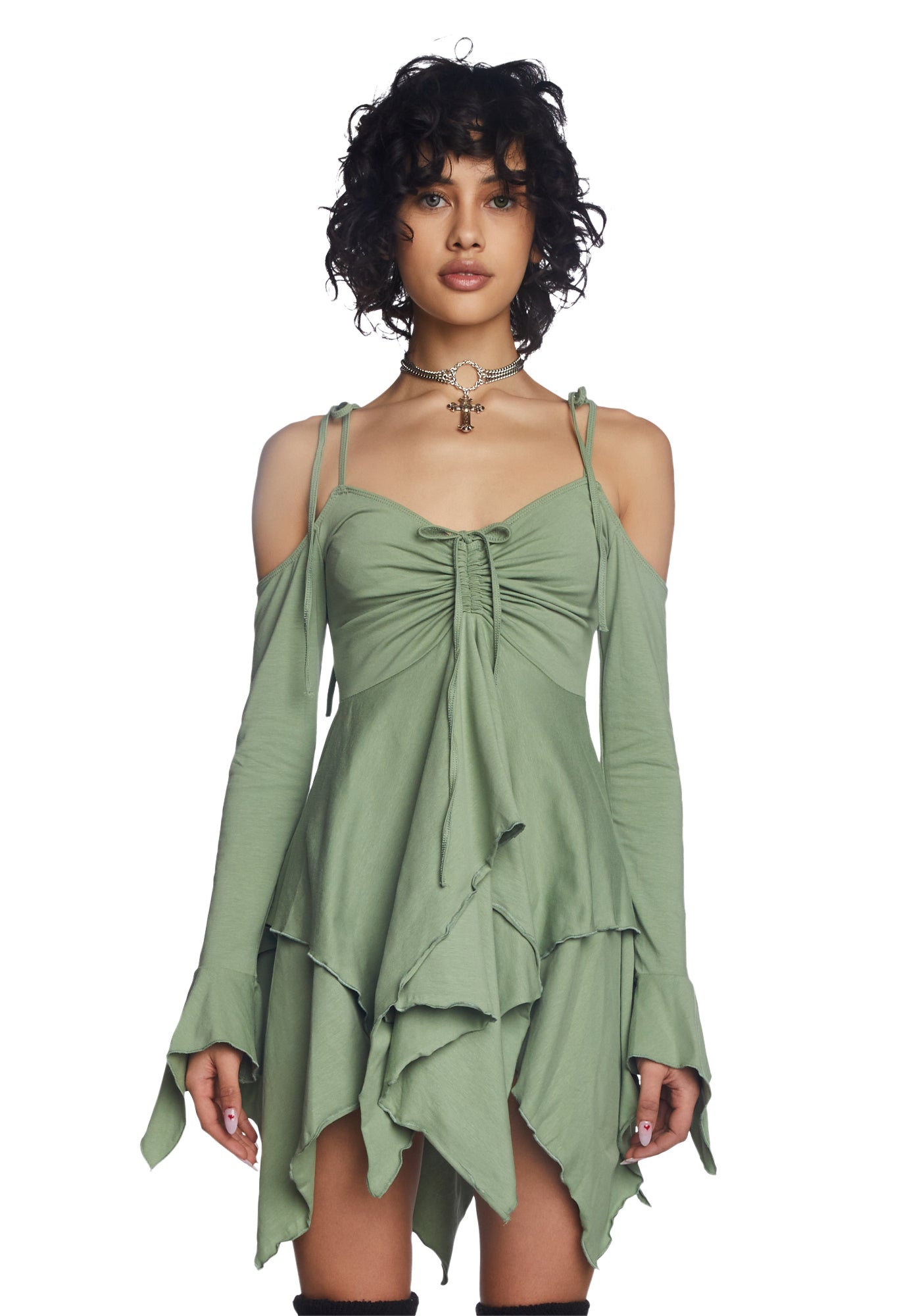 Current Mood Off The Shoulder Handkerchief Mini Dress - Green Dolls Kill Current Mood Off The Shoulder Handkerchief Mini Dress - Green Dolls Kill