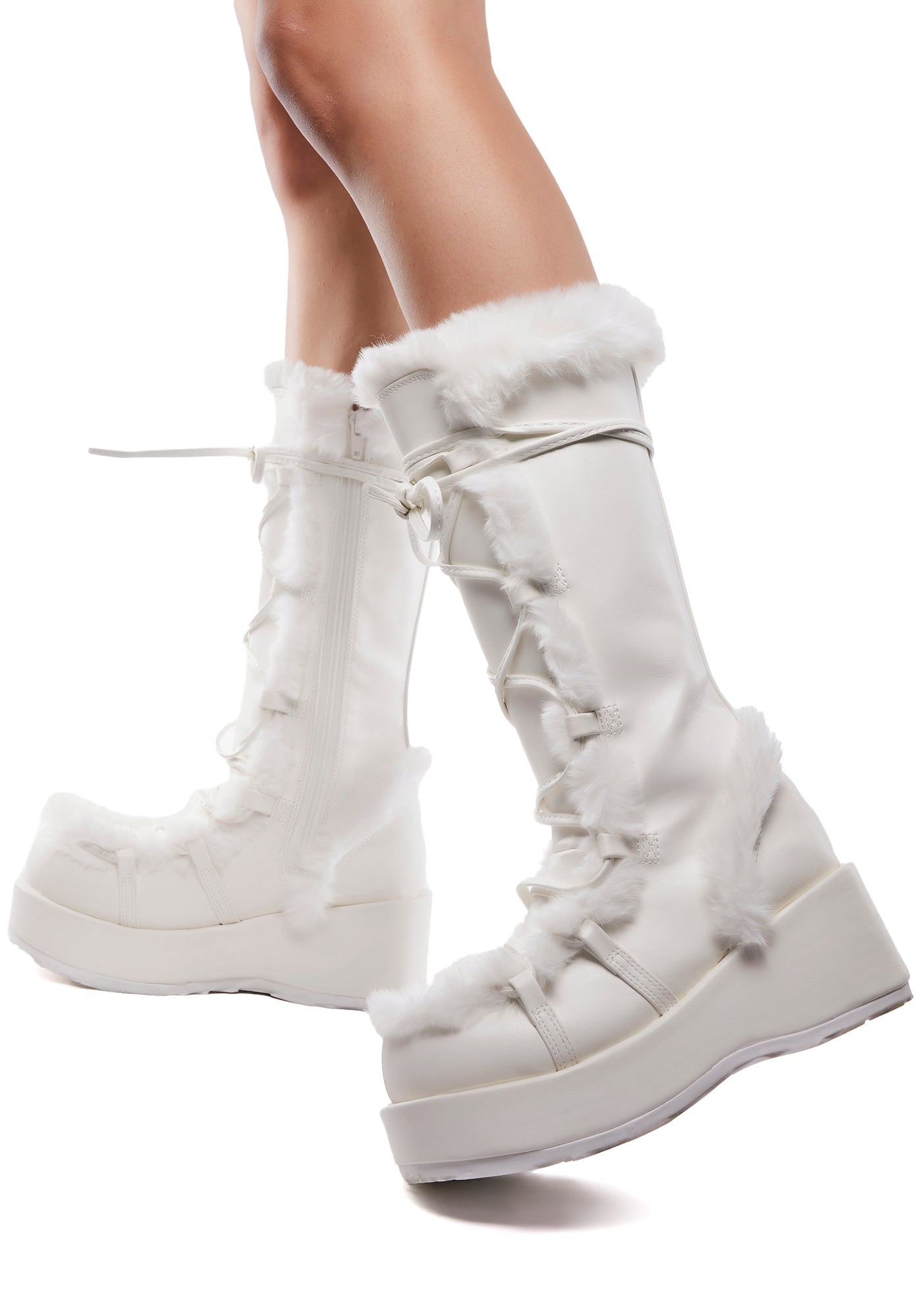 Demonia Cubby 311 Faux Fur Trim Knee High Boots White Dolls Kill