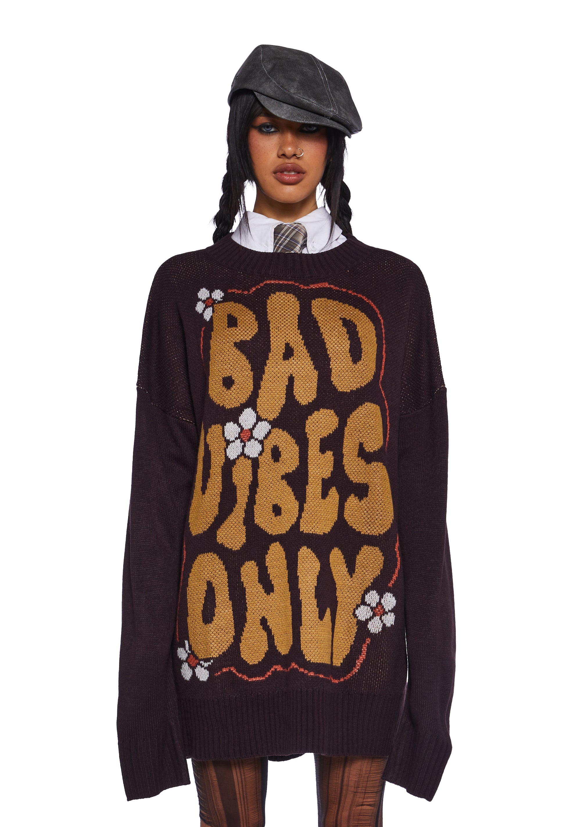 Current Mood Bad Vibes Only Intarsia Graphic Oversized Knit Sweater Brown Dolls Kill