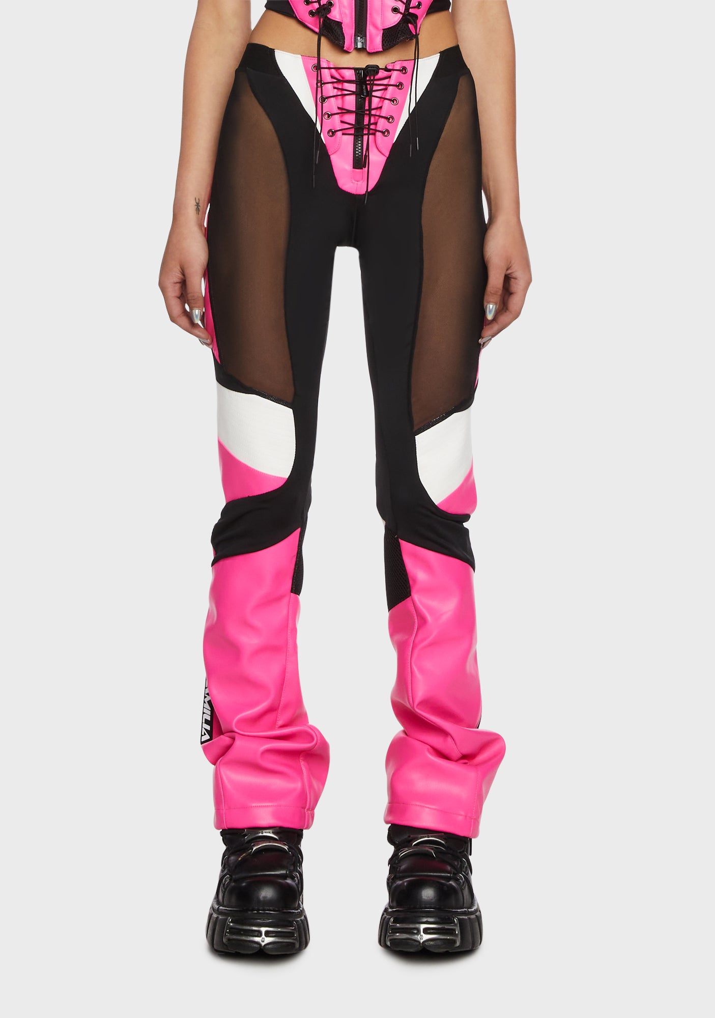 Namilia Mesh Vegan Leather Paneled Moto Pants - Pink – Dolls Kill