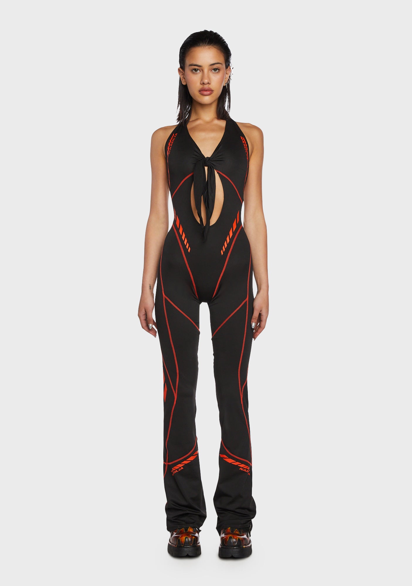 Namilia Tie Knot Halter Lycra Jumpsuit - Black/Red – Dolls Kill