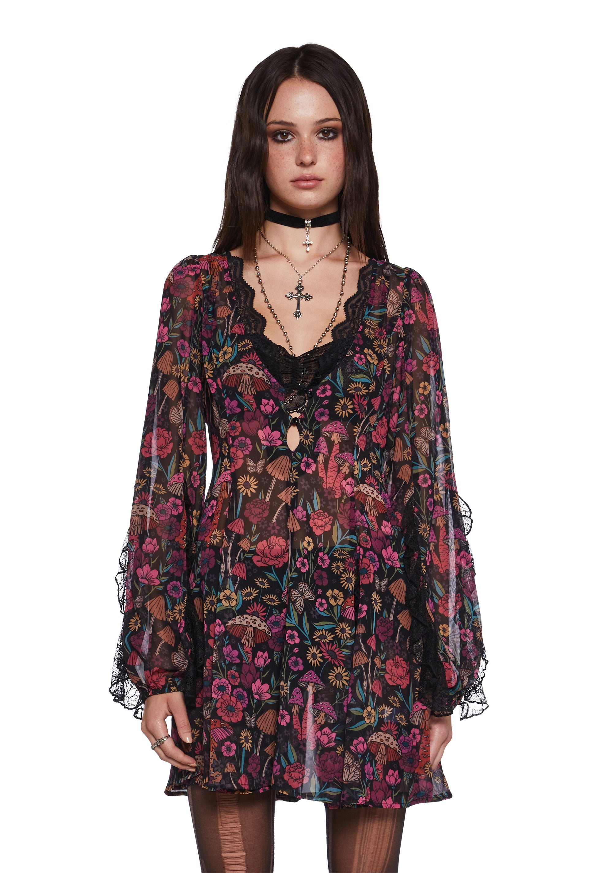 Current Mood Floral Mushroom Chiffon Sheer Mini Dress Current Mood Floral Mushroom Chiffon Sheer Mini Dress