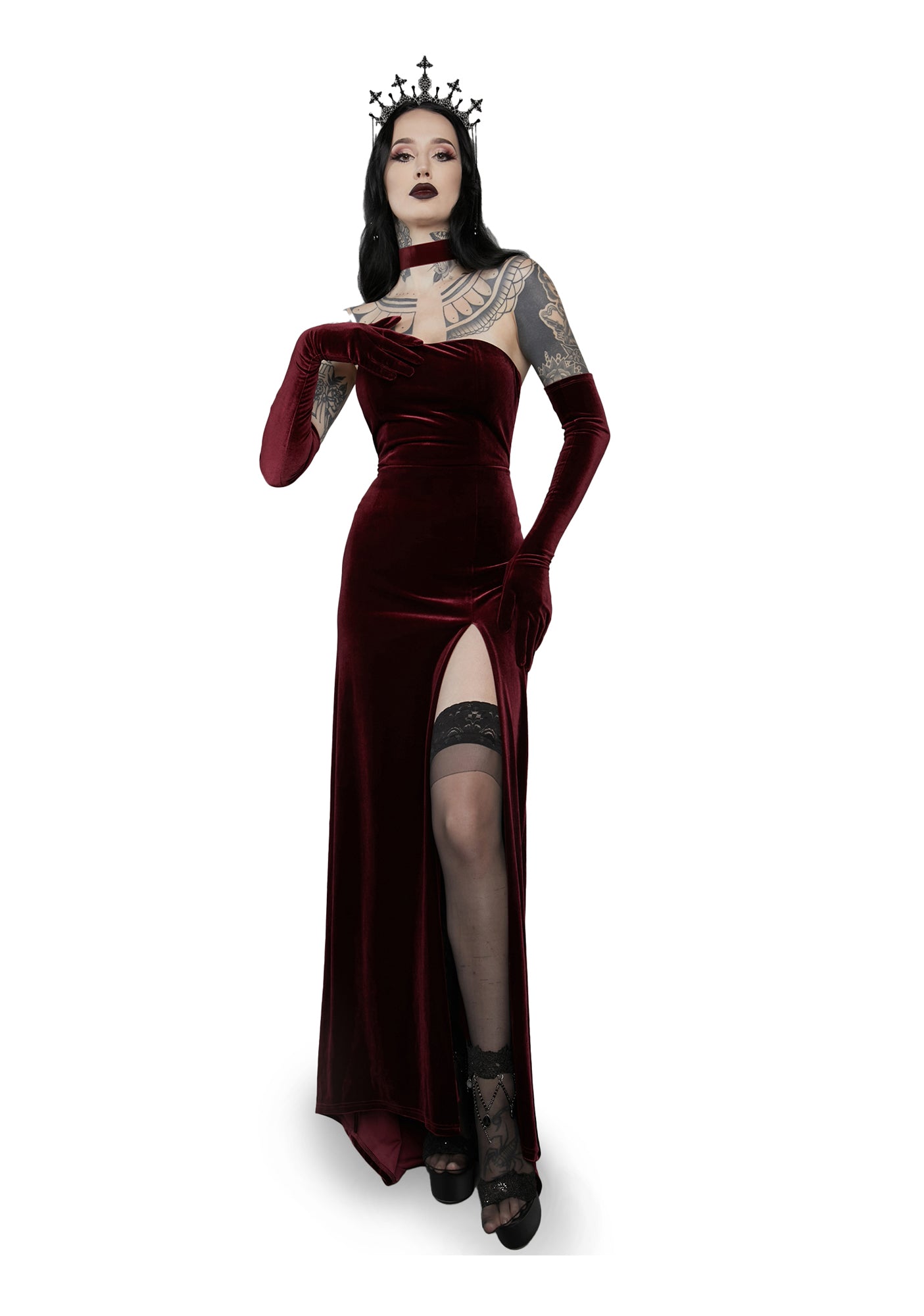 Unholy Velvet Maxi Dress With Gloves And Choker - Red