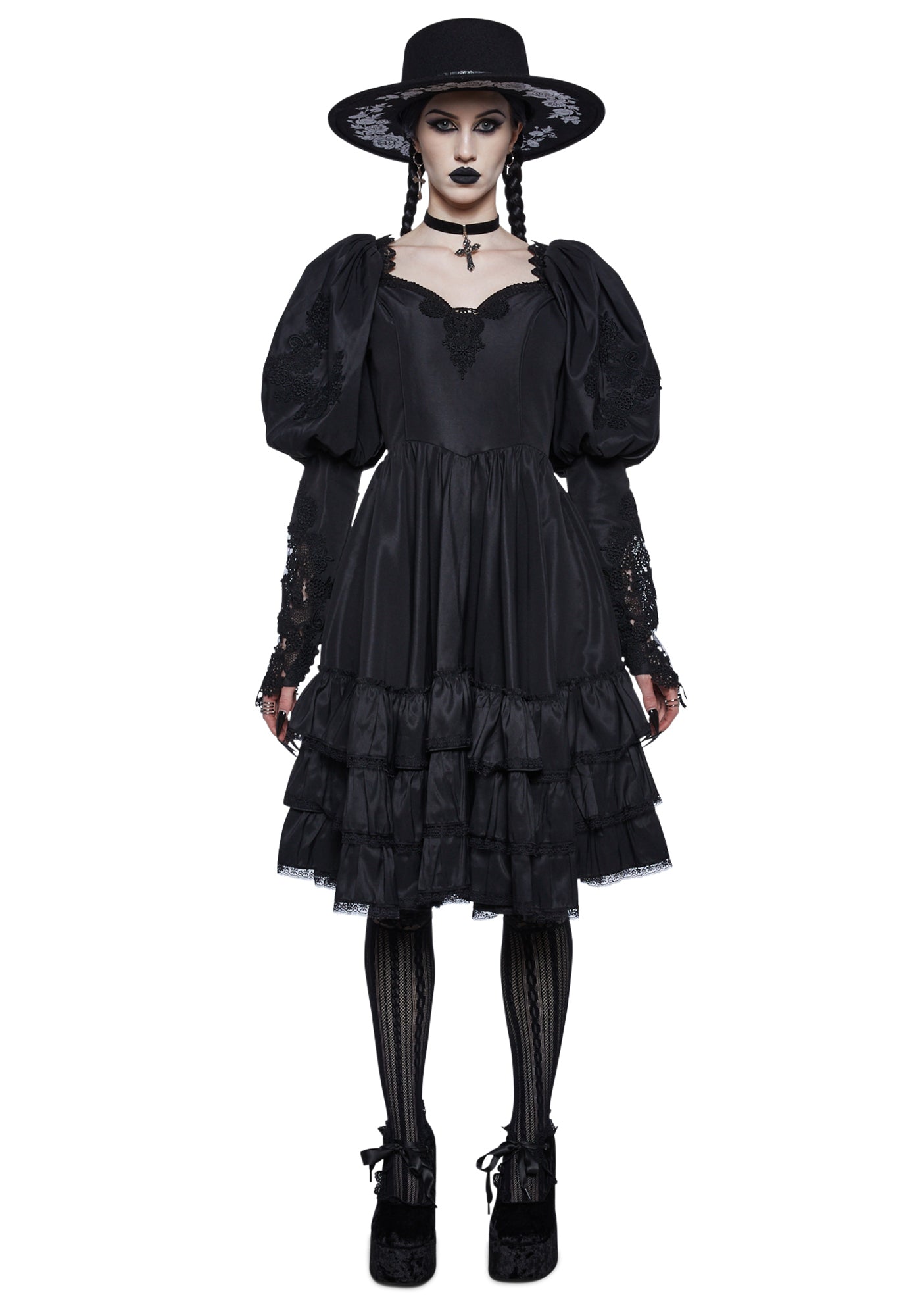 Widow Puff Sleeve Tiered Midi Dress - Black
