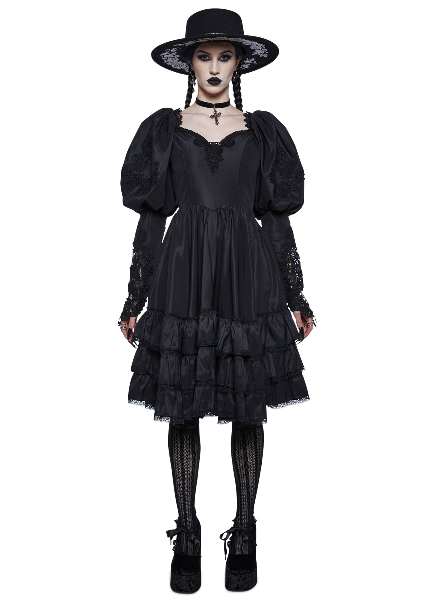 Widow Puff Sleeve Tiered Midi Dress