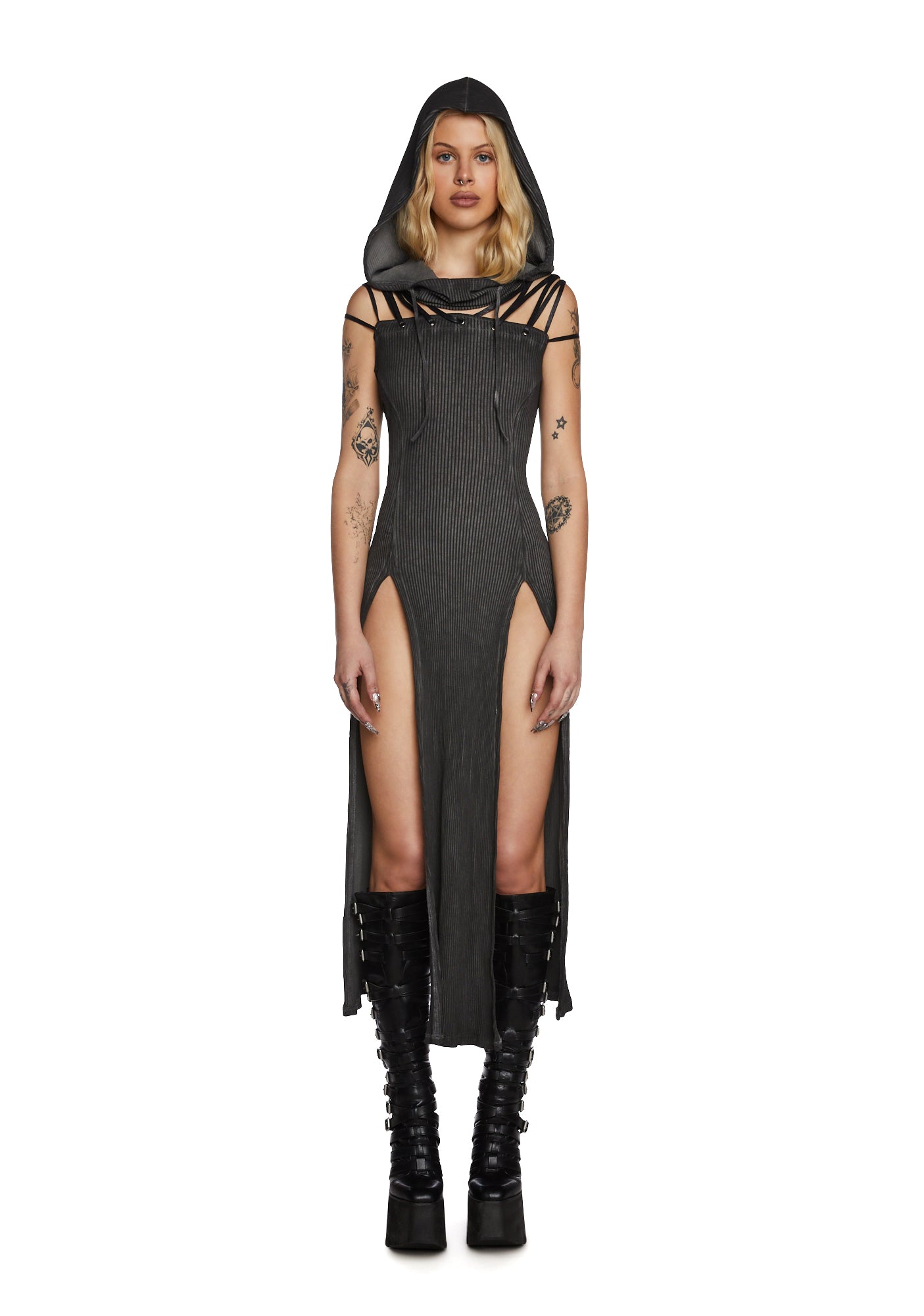 Darker Wavs Smoke Hooded High Slit Maxi Dress - Dark Grey Dolls Kill Darker Wavs Smoke Hooded High Slit Maxi Dress - Dark Grey Dolls Kill
