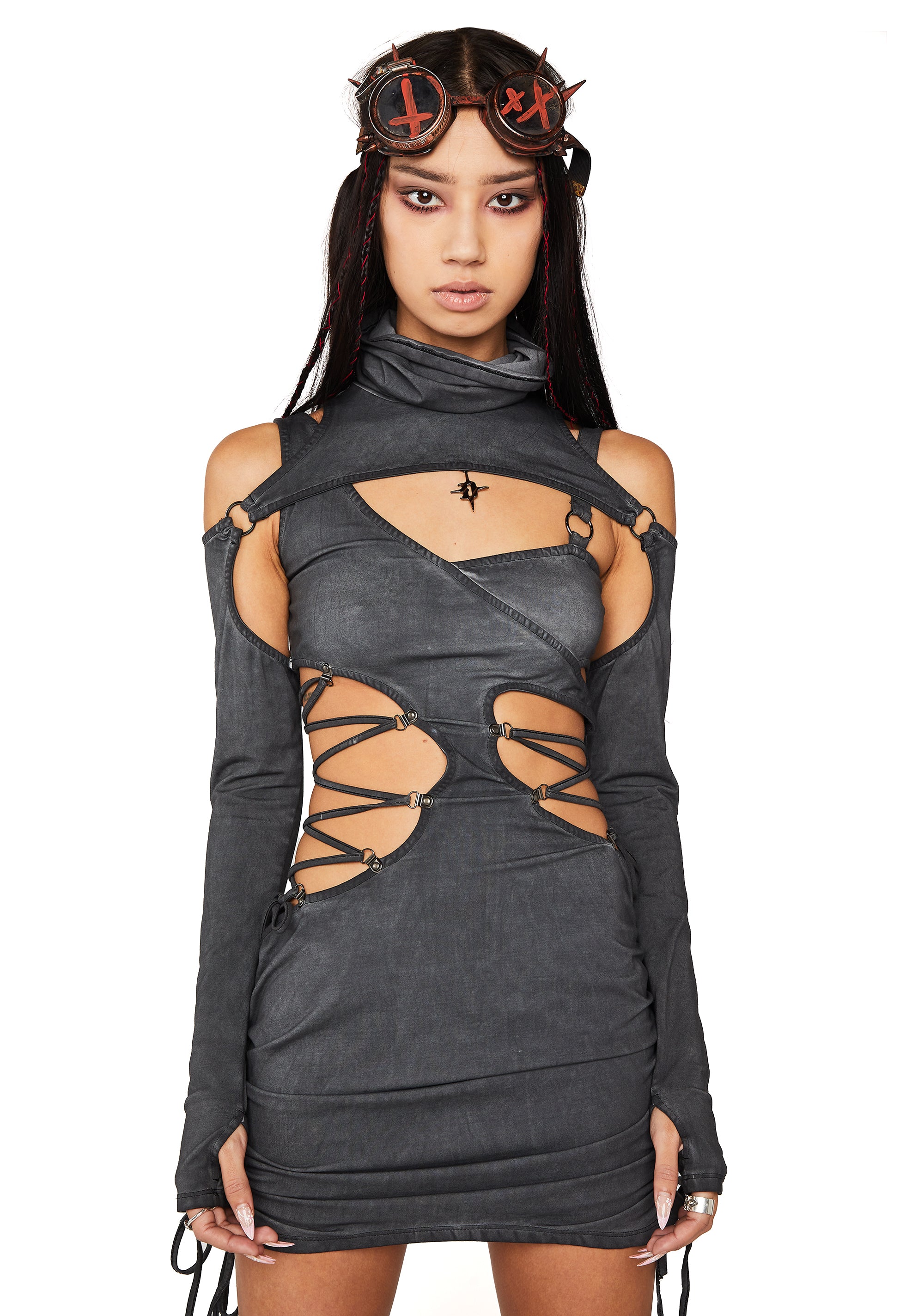 Darker Wavs Cut Out Lace Up Dress With Detachable Shrug - Dark Gray Dolls Kill Darker Wavs Cut Out Lace Up Dress With Detachable Shrug - Dark Gray Dolls Kill