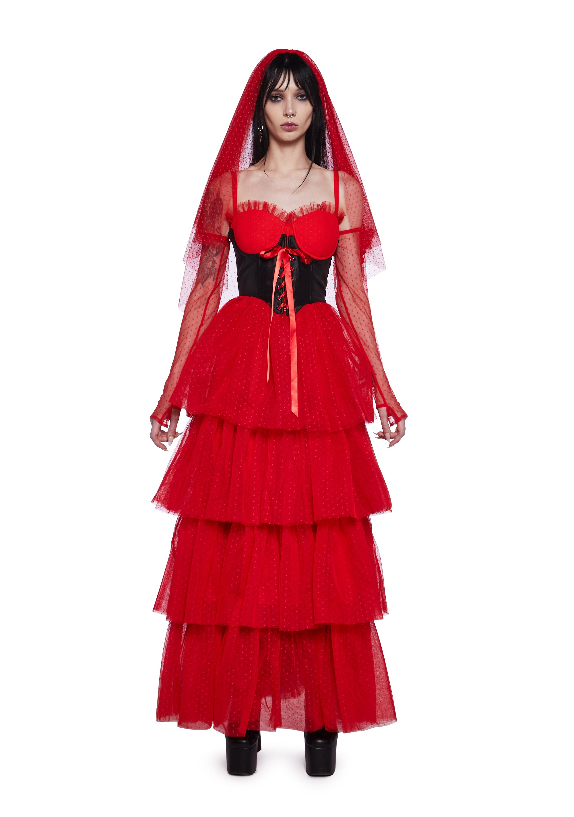 Dolls Kill X Beetlejuice Swiss Dot Lydia Wedding Costume Maxi Dress Set - Red Dolls Kill X Beetlejuice Swiss Dot Lydia Wedding Costume Maxi Dress Set - Red