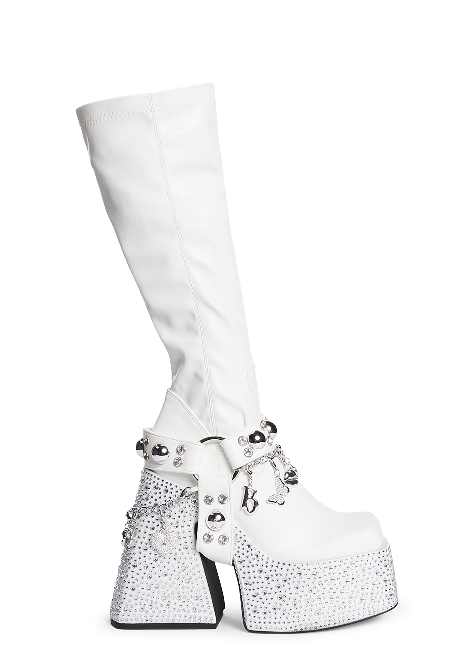 Dolls Kill x Bratz Harness Rhinestone Charm Platform Knee High Boots White