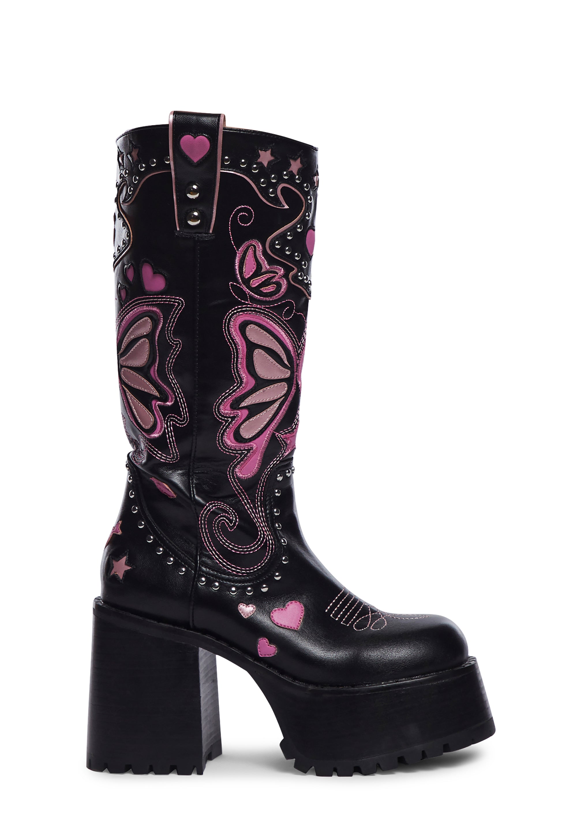 Dolls Kill x Bratz Embroidered Butterfly Platform Boots Black/Pink