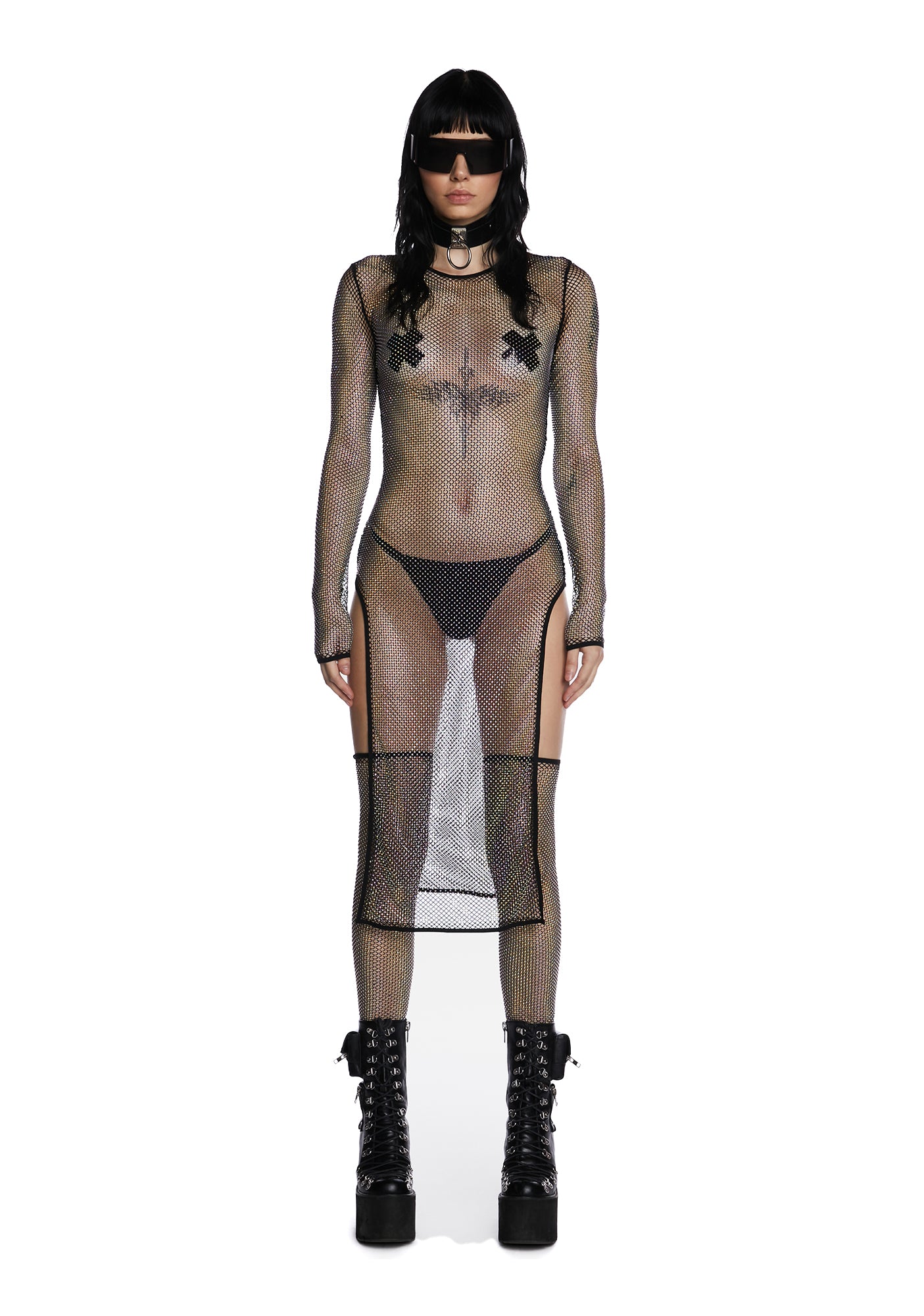 Club Exx Rhinestone Fishnet Long Sleeve Midi Dress