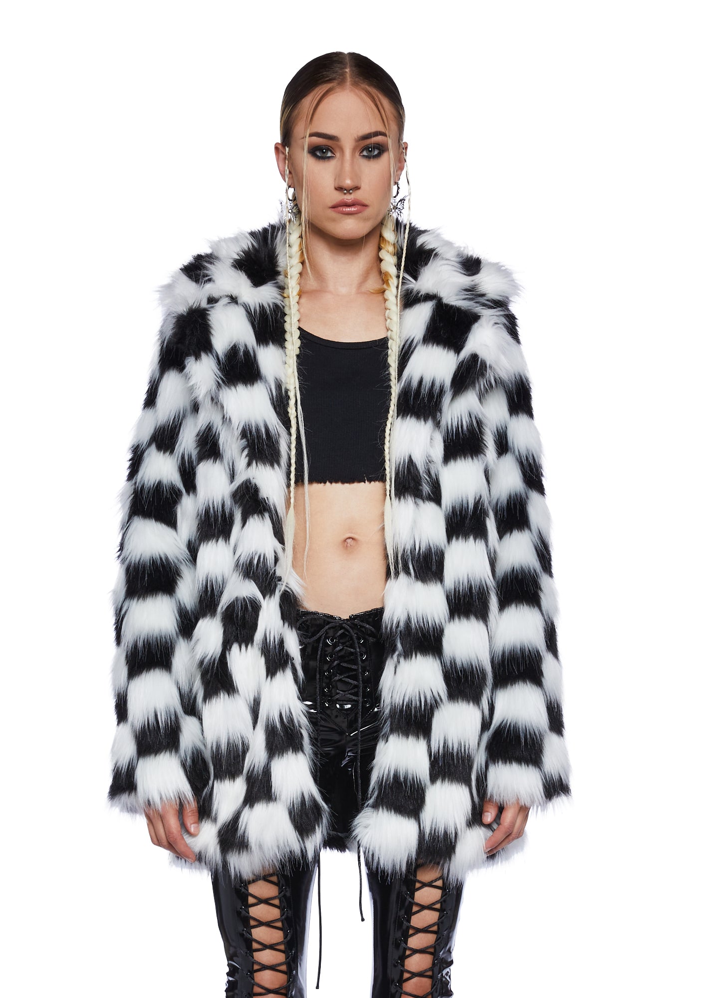 Current Mood Oversized Long Checkered Faux Fur Coat Black White