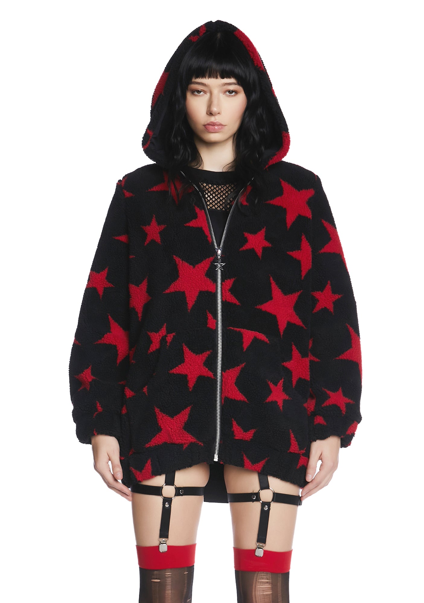 Current Mood Faux Shearling Star Teddy Hooded Sherpa Jacket Black Red Dolls Kill