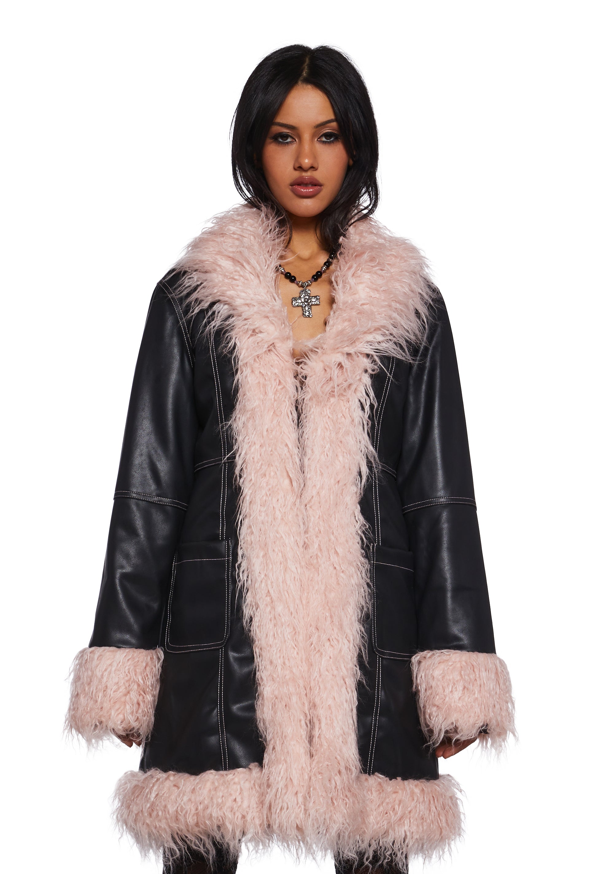 Pink and black faux fur coat outlet