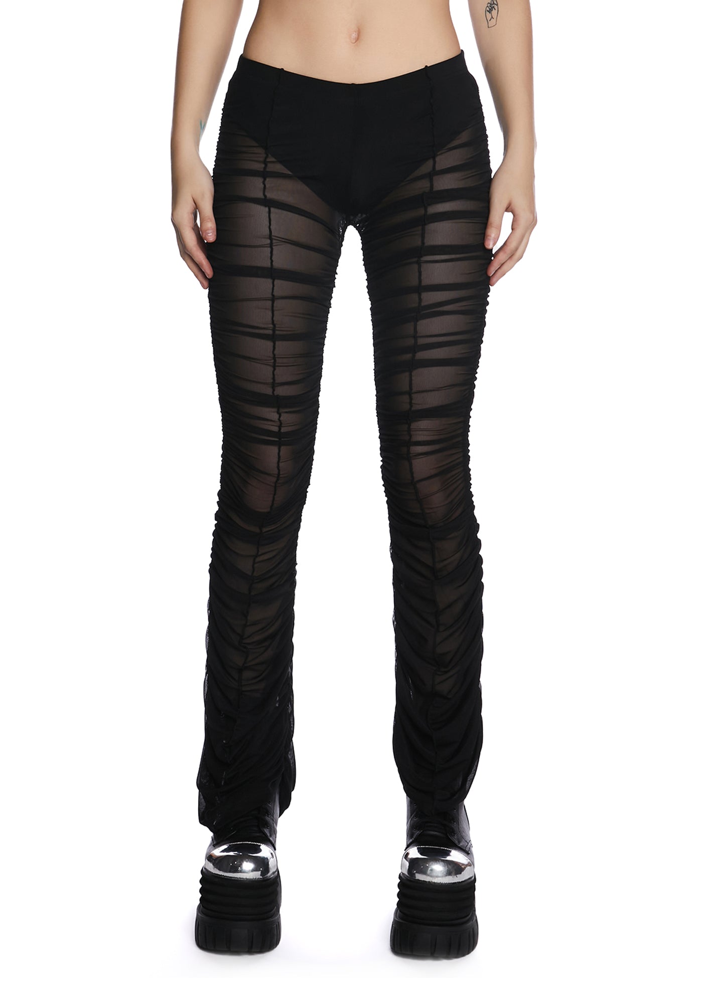 Current Mood Low Rise Ruched Mesh Pants Black – Dolls Kill