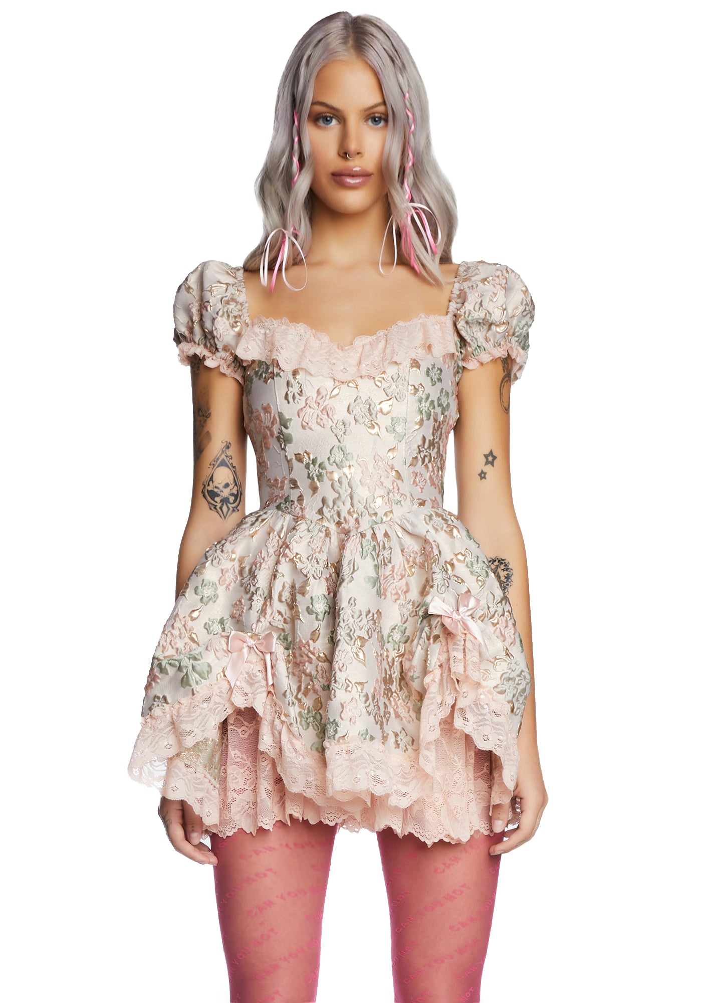 Sugar Thrillz Brocade Puffy Sleeve Mini Dress - Pink