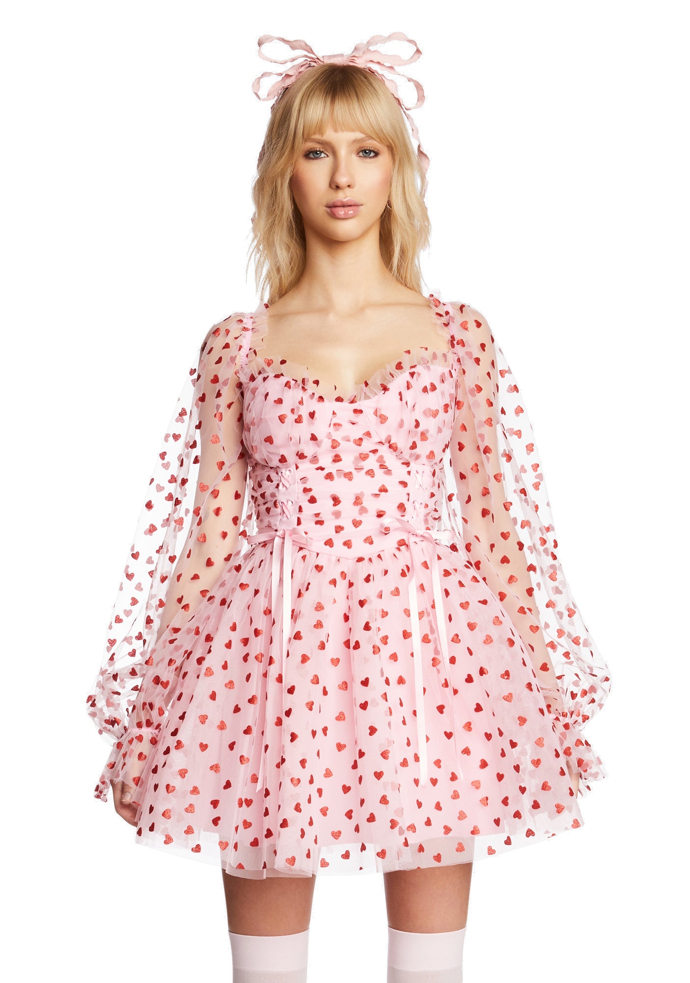 Sugar Thrillz Tulle Heart Flocked Babydoll Mini Dress Sugar Thrillz Tulle Heart Flocked Babydoll Mini Dress