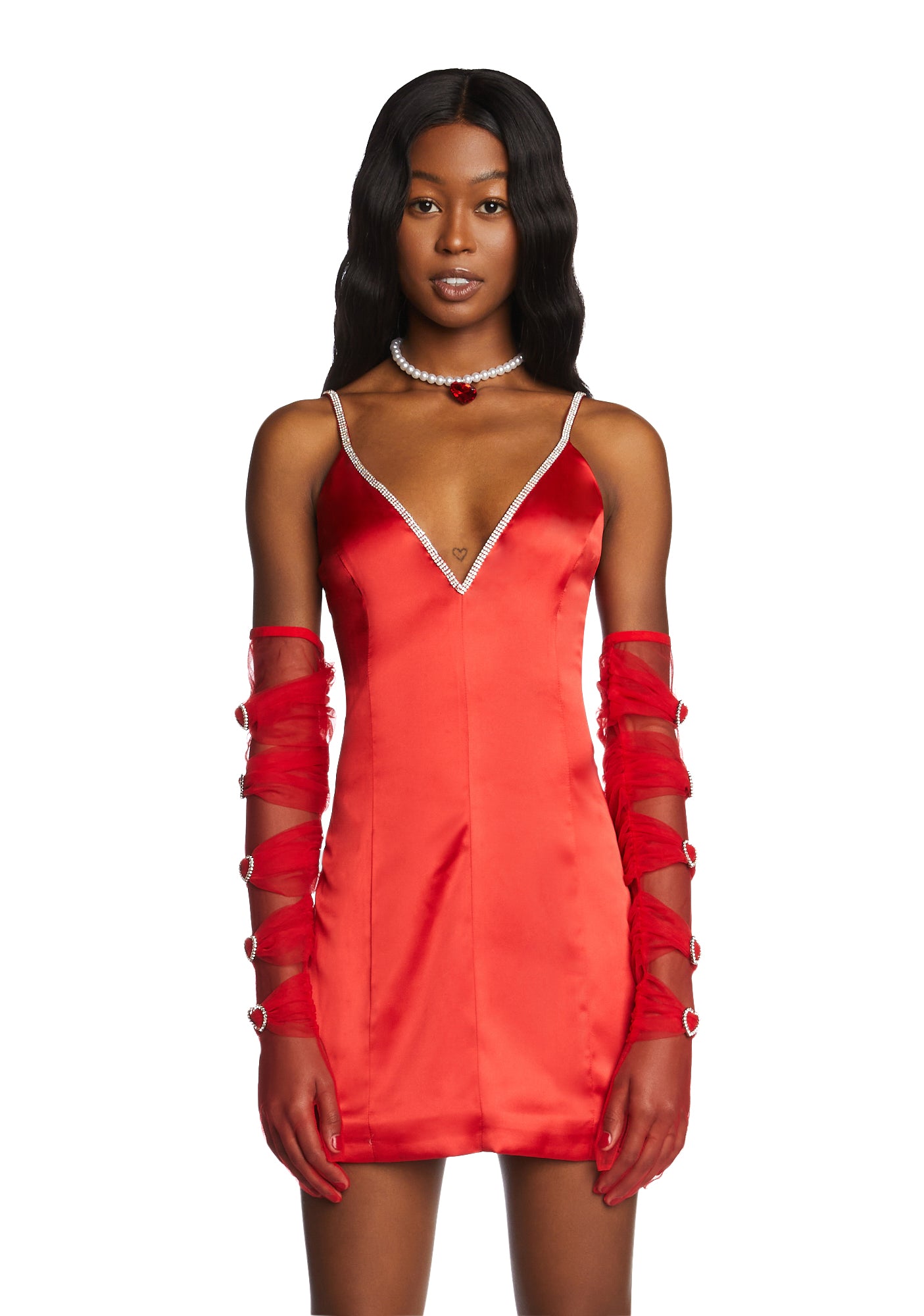 Sugar Thrillz Satin Heart Rhinestone Mini Dress And Gloves Red Dolls Kill
