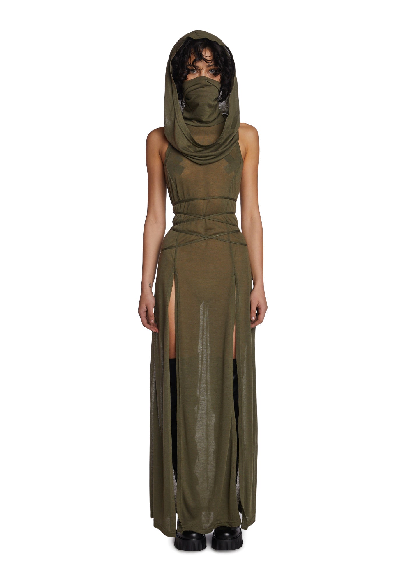 DARKER WAVS Mask Hood Slit Maxi Dress - Green