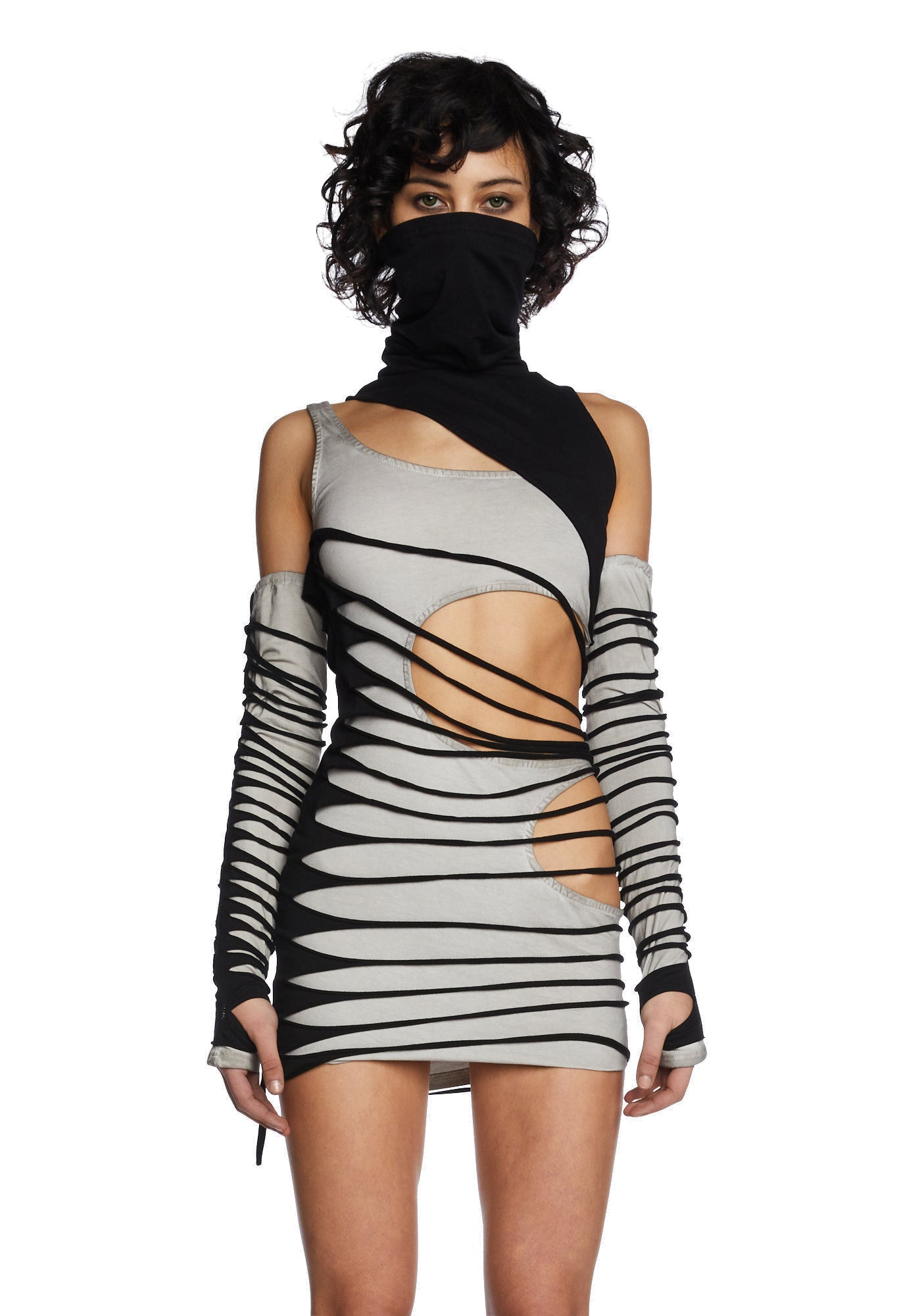 DARKER WAVS Shredded Cutout Dress And Gloves Set - Black/Ecru DARKER WAVS Shredded Cutout Dress And Gloves Set - Black/Ecru