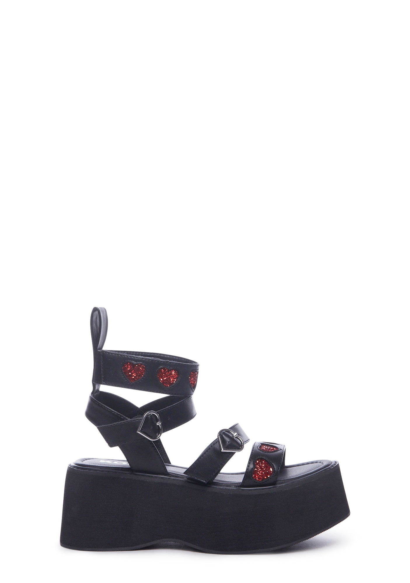 Koi Footwear x Dolls Kill Vegan Leather Flatform Glitter Heart Sandals Black Red