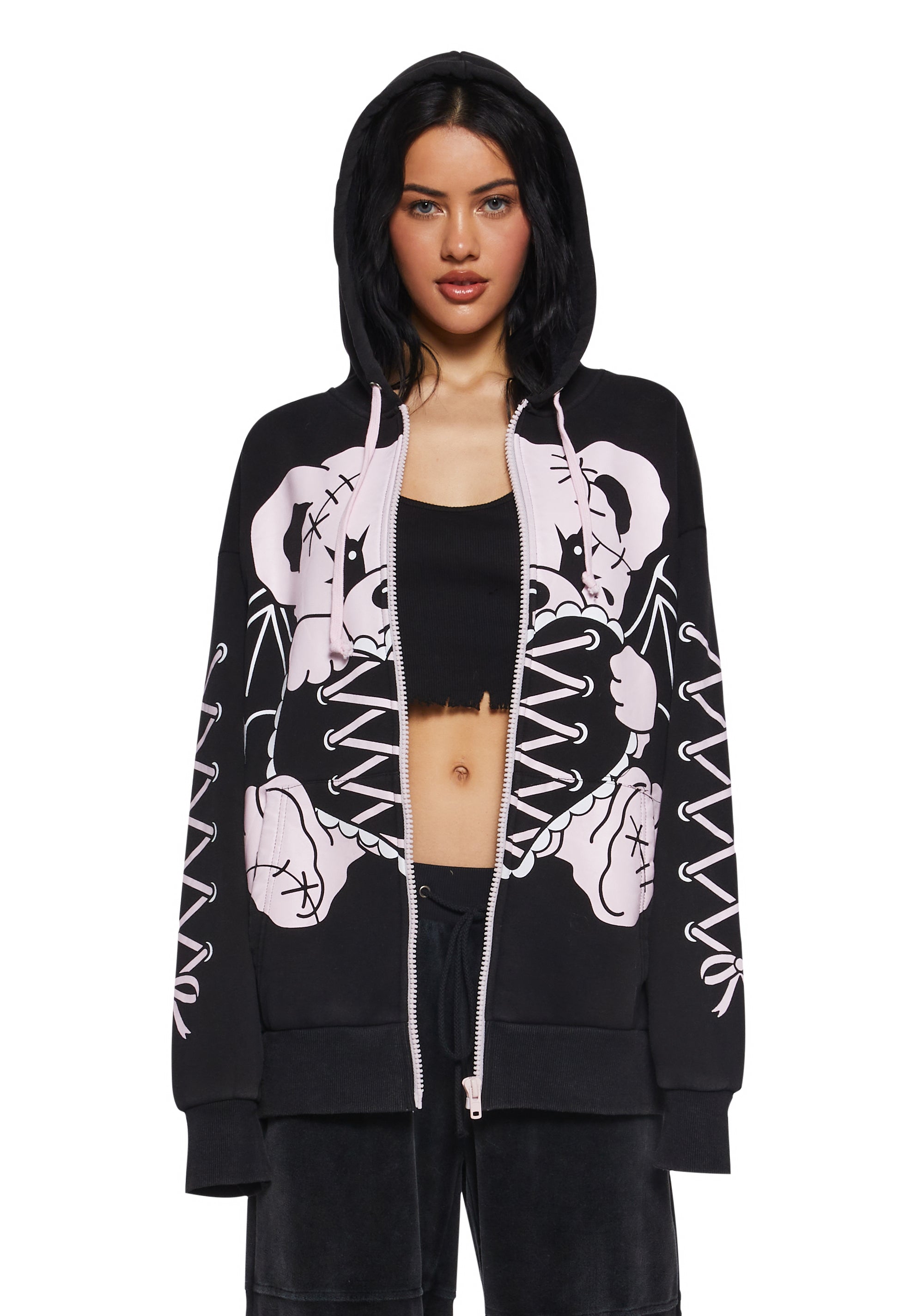 Widow Teddy Bear Graphic Oversized Hoodie - Black/Pink